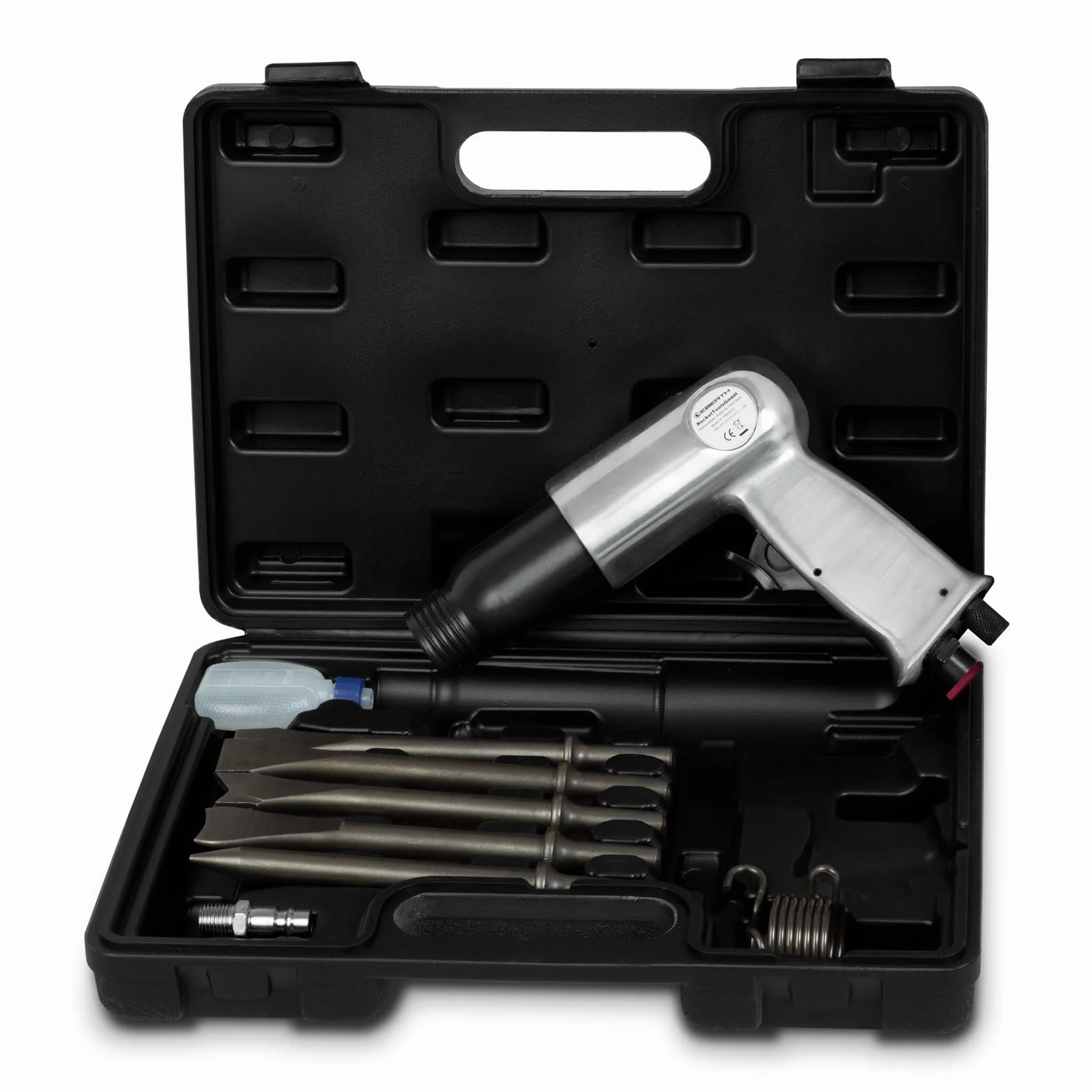 EBERTH Cincel neumático con maletín, juego de herramientas de 10 piezas, 4500 golpes/min, cincel 5x de 150 mm, martillo cincel neumático con conexión de 1/4", incl. acoplamiento de aire comprimido