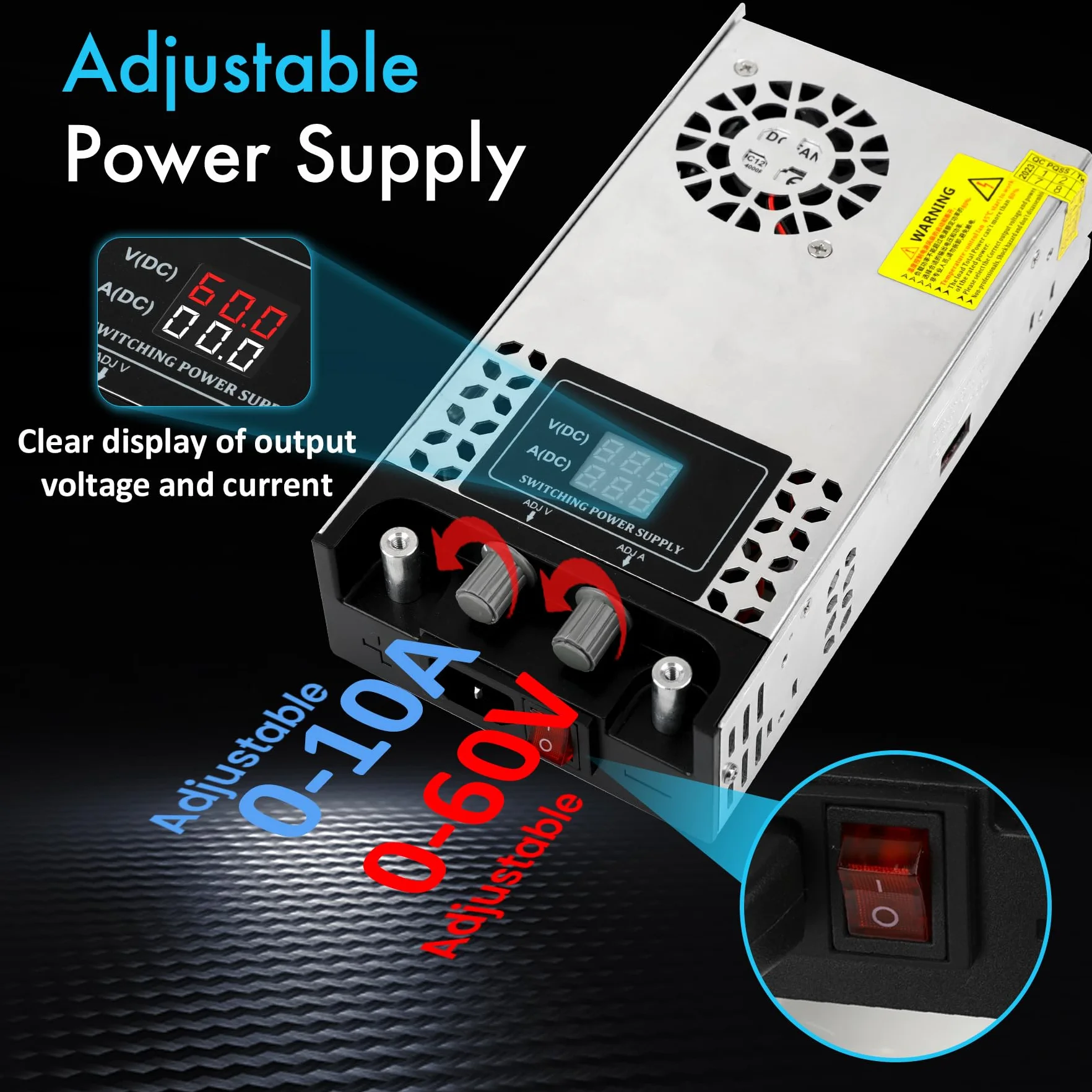 Ajustable Fuente de Alimentación DC 0-60V 10A 600W Transformador, 230V AC a DC 0-60V 10A Fuente Alimentación 600W con Pantalla LED, Muestra claramente dispositivo salida tensión y corriente
