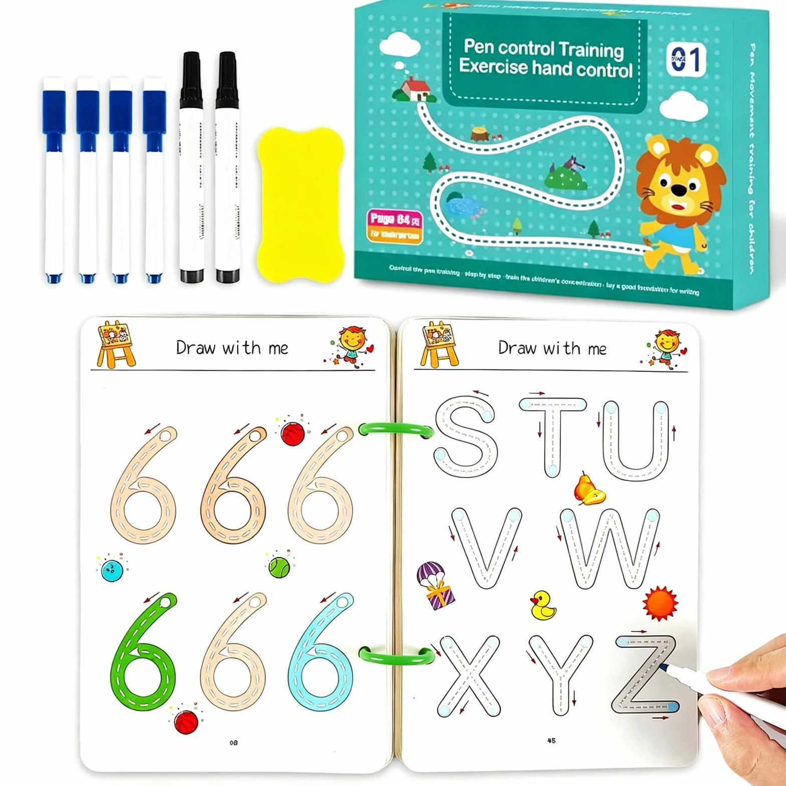 64 páginas Cuaderno Aprender a Escribir Números, Dibujo, Matemáticas y Letras, Libros de Trazado Reutilizables para Niños de 3 4 5 6 Años, Libros de Actividades Preescolares, Libro Vacaciones