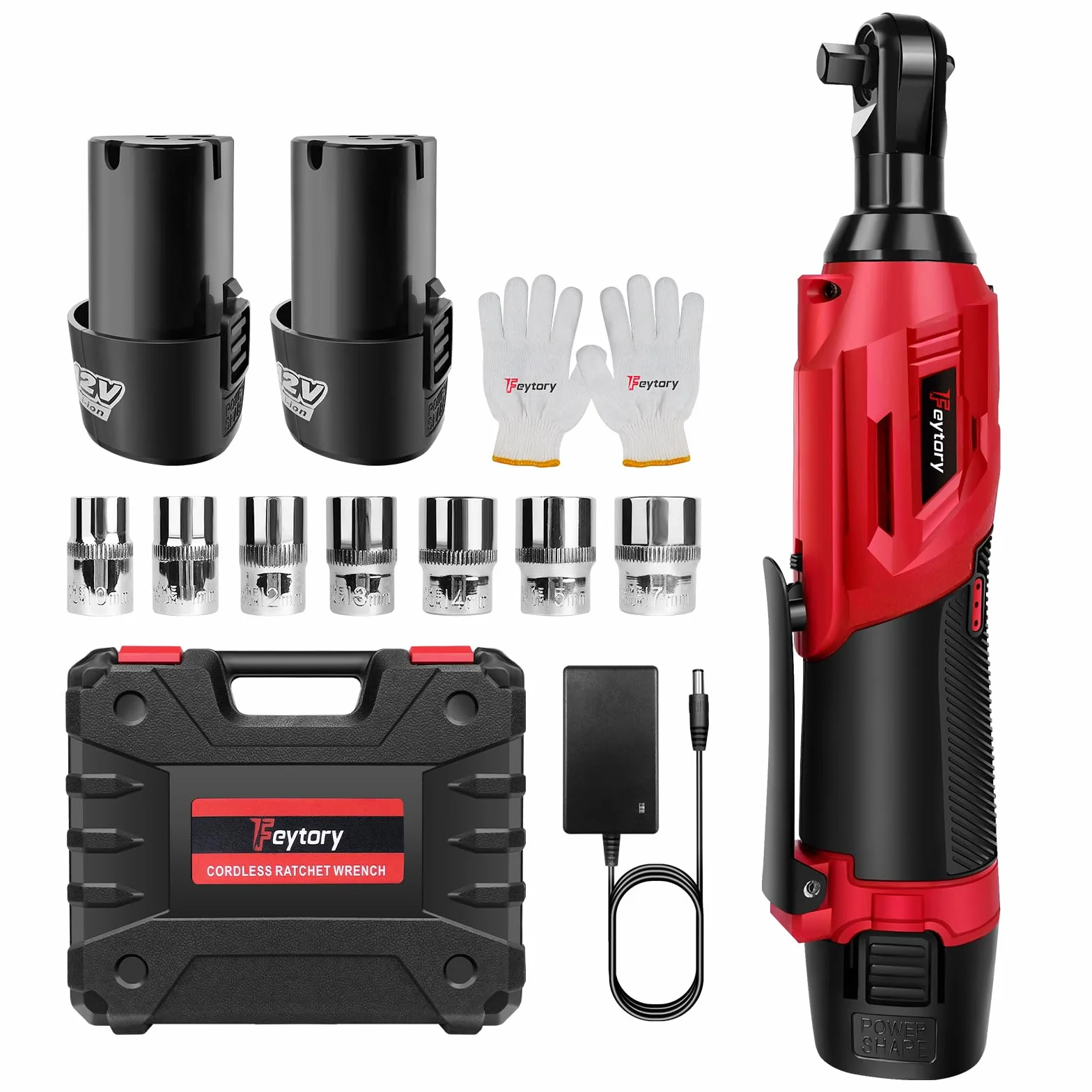 Juego de llaves de carraca eléctricas, batería de 12 V, llave de carraca de 3/8", con par de torsión de 40 nm, 0-300 rpm, con 2 baterías de 1500 mAh, 7 vasos, carraca eléctrica para muebles y coches