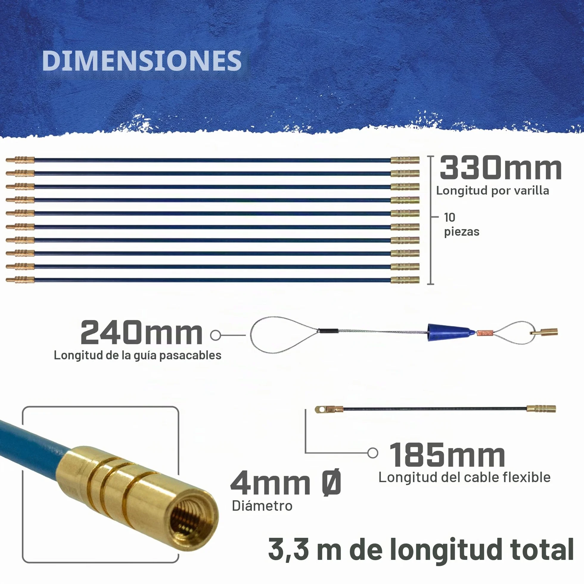 Kit de tire-câbles et accessoires Faithfull - 3,3 mètres, 4 mm de diamètre - Kit de 15 pièces comprenant 10 tiges en fibre de verre de 330 mm, un tire-câble de traction et un tube de rangement