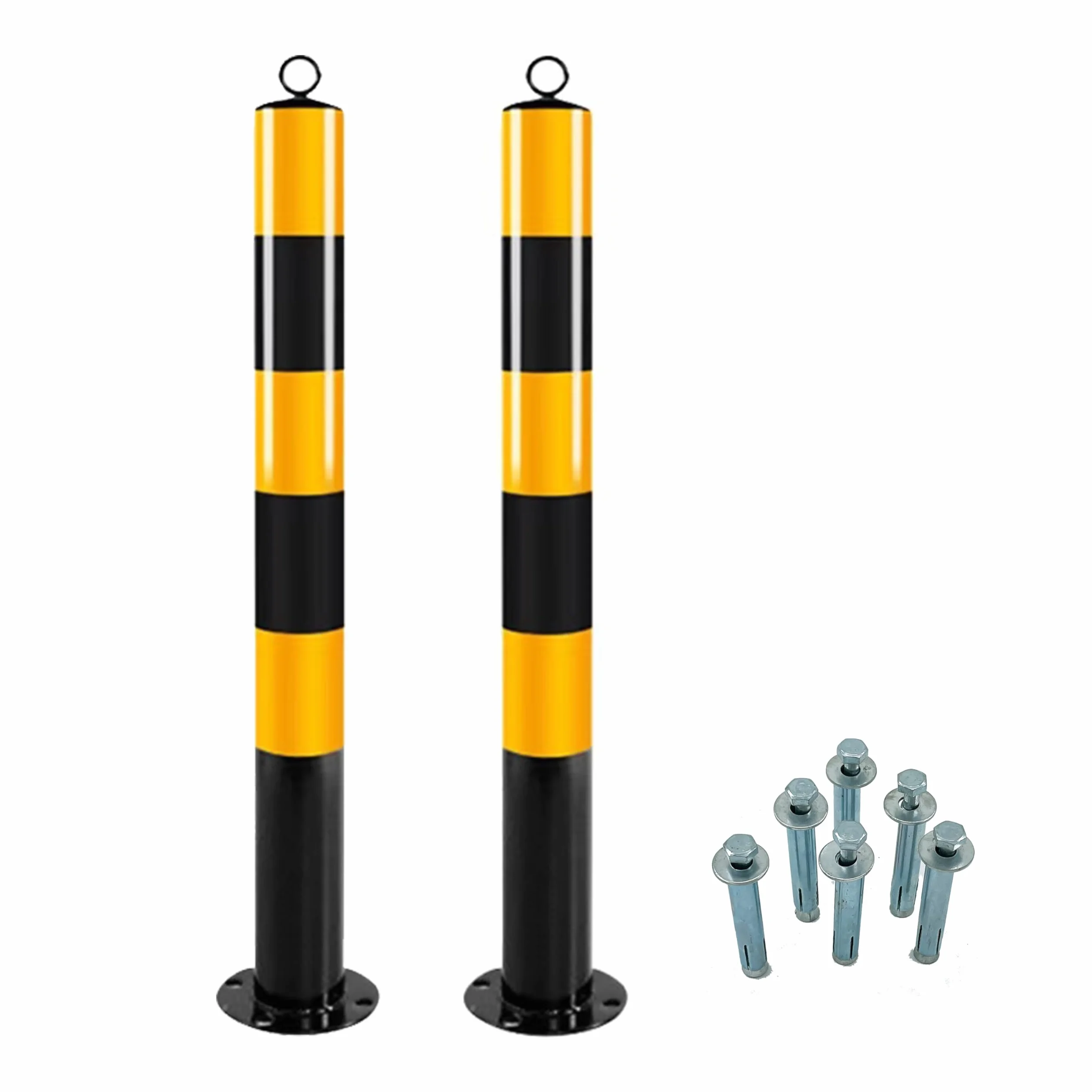 2 postes de barrera negro y amarillo, diámetro de 76 mm, altura de 750 mm, con ojal, robustos y resistentes a la intemperie, ideales para aparcamientos, garajes e industria