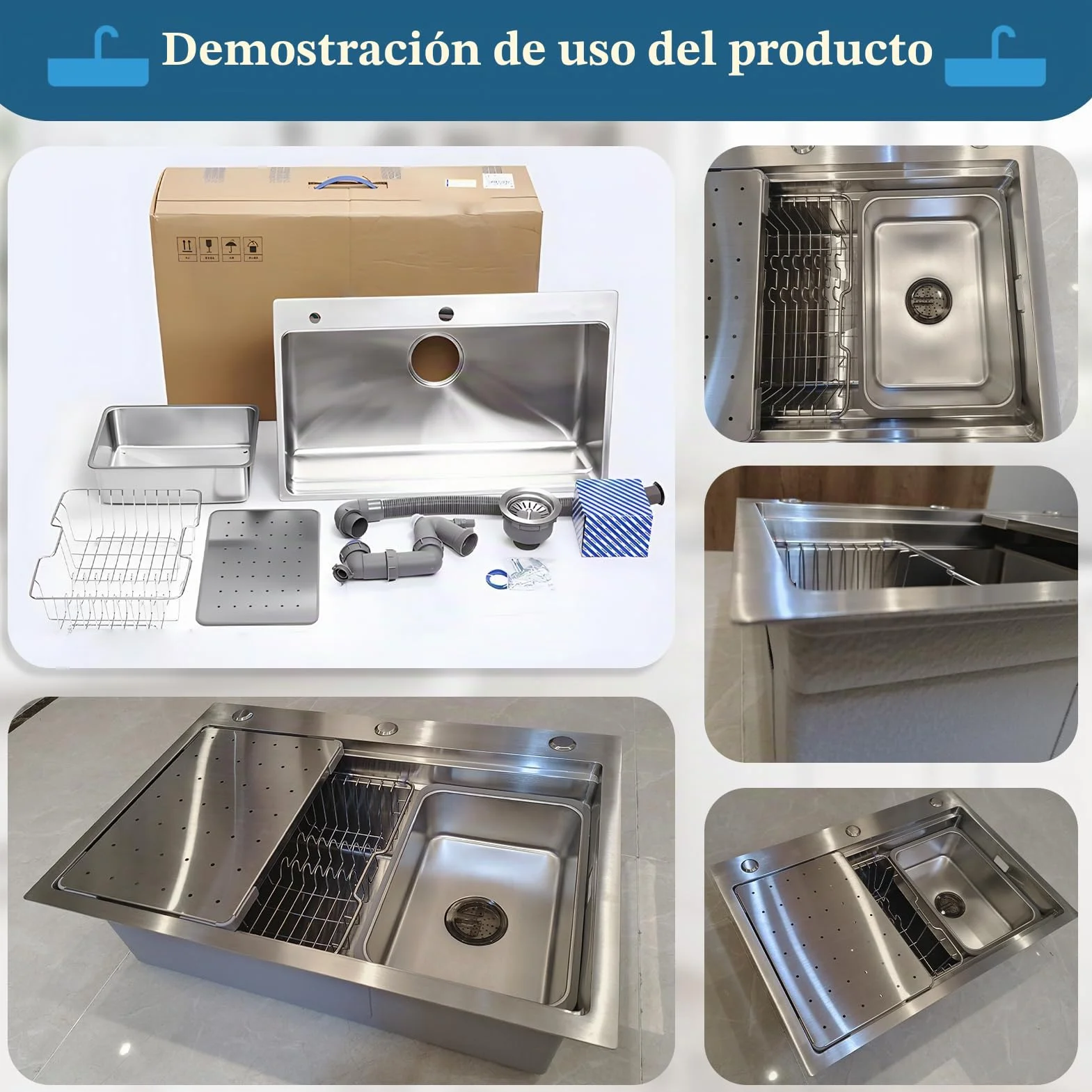 Fregadero de cocina multifunción de 65 x 50 cm, de acero inoxidable 304, hecho a mano, fregadero de cocina grande de una bañera, instalación a ras o sobre encimera con bañera extraíble
