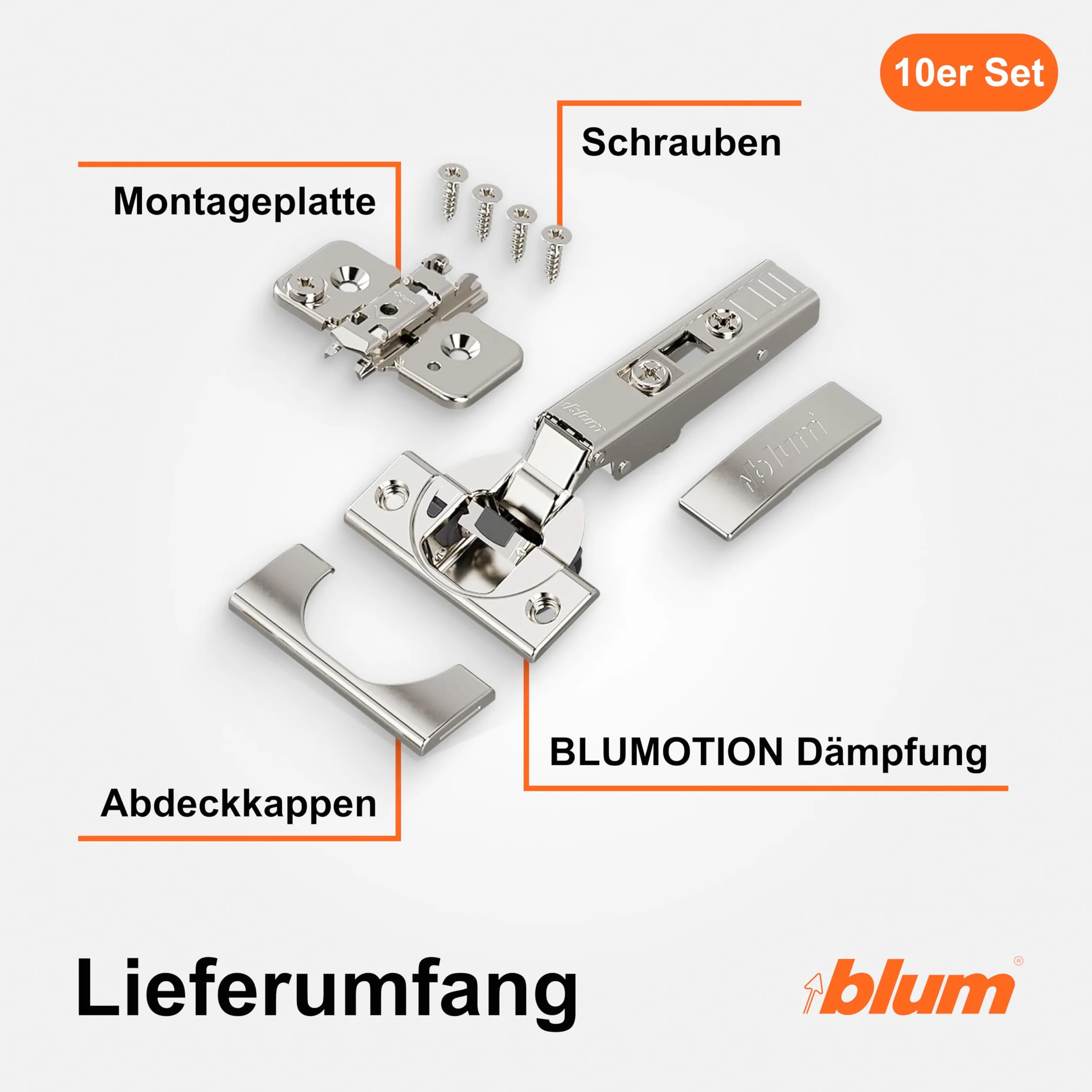blum 10x bisagra para muebles CLIP top BLUMOTION 110° I bisagra de cazoleta Soft-close 35 mm I base en cruz CLIP montable por separado, distancia 0 mm | ajuste 3D del frente | Niquelado | angular