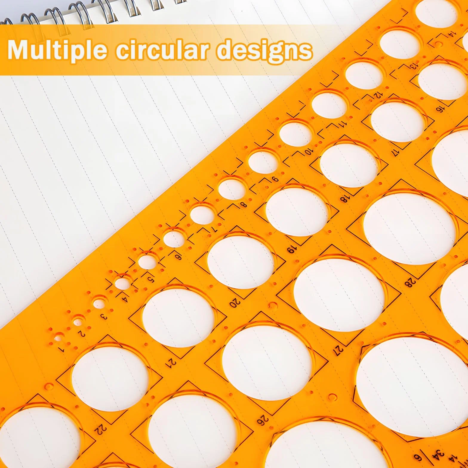Plantilla de dibujo de 36 círculos, plástico resistente, naranja transparente para dibujo técnico