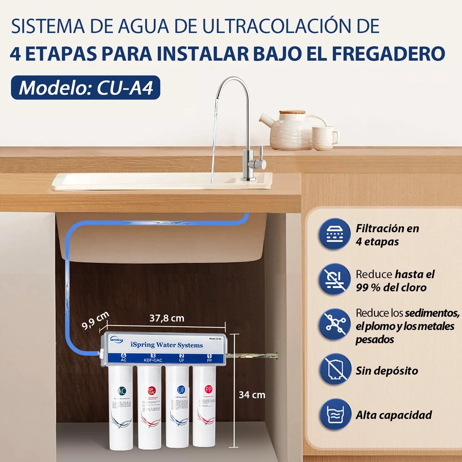 iSpring CU-A4 0.01μm Ultrafiltración Bajo el Fregadero, Sistema de Filtro de Agua, Sin Tanque, 4 Etapas, Alta Capacidad, Elimina el 99,99% de Contaminantes, Cambio Rápido, Filtro con Grifo de Cromo