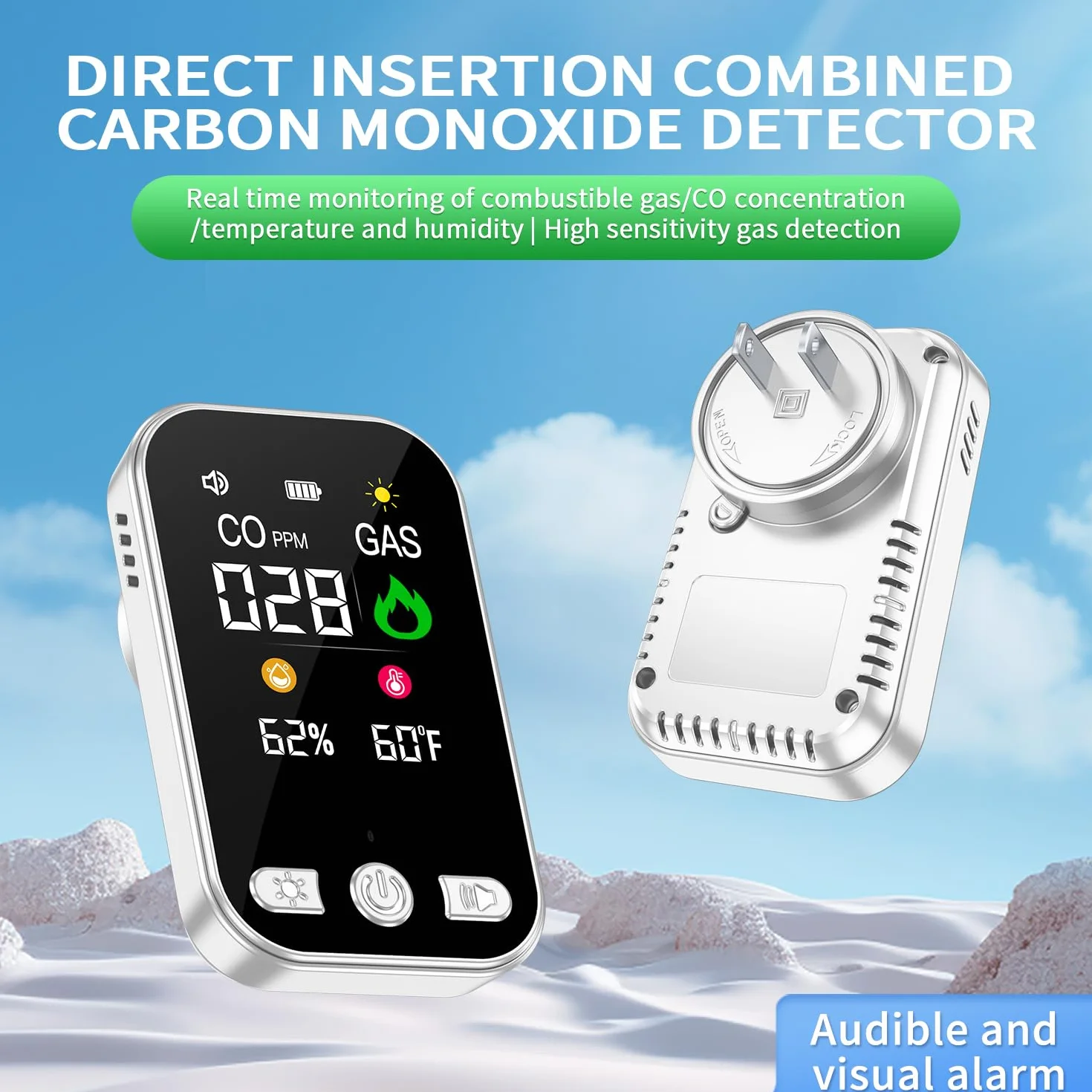 Detector de Gas y Monóxido de Carbono con Enchufe para Hogar, Alarma de CO para Casa, Detector de Gas Combustible para Gas Natural LPG Metano Propano Butano, Blanco, HD12-CG