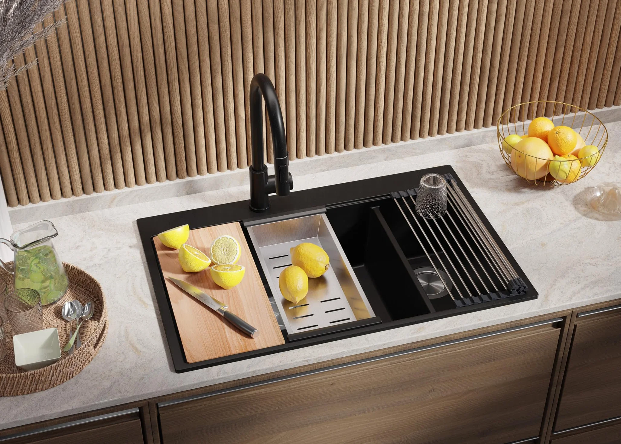 PRIMAGRAN Fregadero Granito Todo Negro 78x50cm, Cocina 2 Senos + Grifo 40x38cm + Sifón + Tabla de Cortar, Sobre Encimera al Mueble 80cm - Oslo Duo Top S100