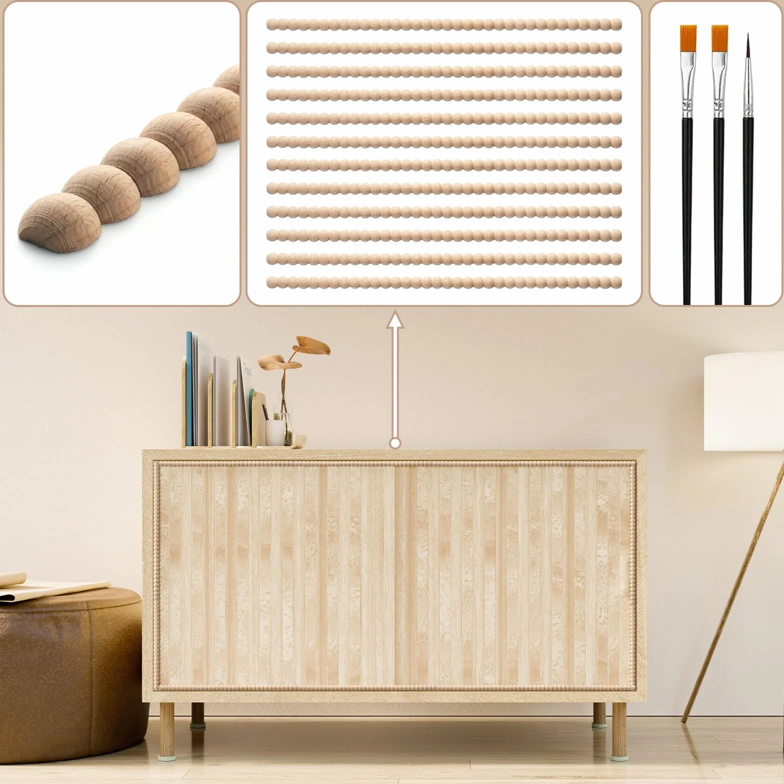 Molduras de Madera con Perlas, Madera de Haya sin Tratar, 40x1.4x0.7 cm, Listones Decorativos para DIY
