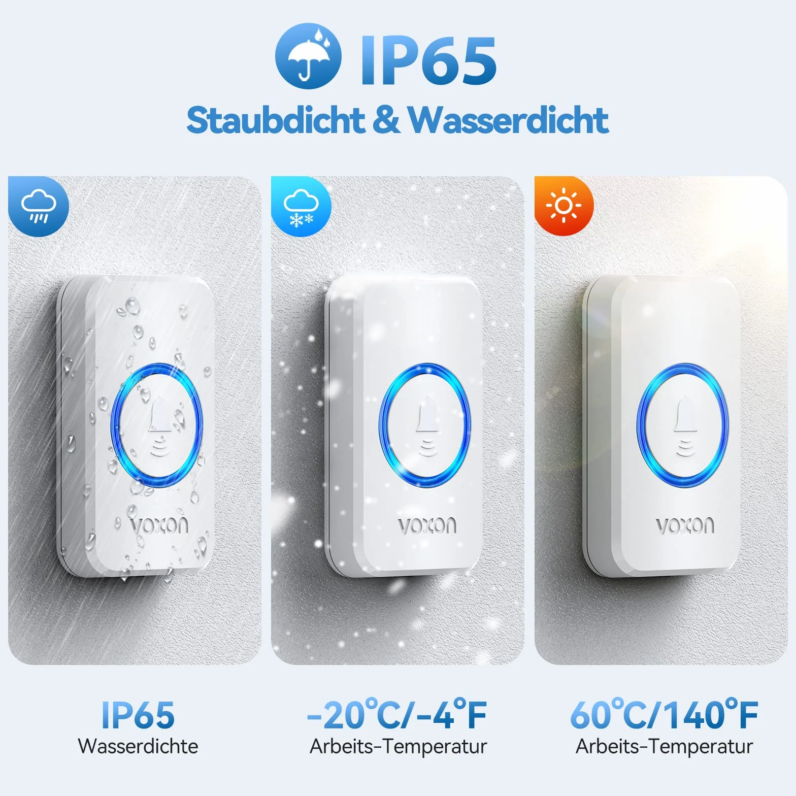 VOXON Timbre Inalámbrico, Alcance de 400m, Conjunto de Timbre con 2 Receptores, Resistente al Agua IP65 para Exteriores, Timbre de Puerta con Luz LED, 5 Niveles de Volumen, 60 Melodías