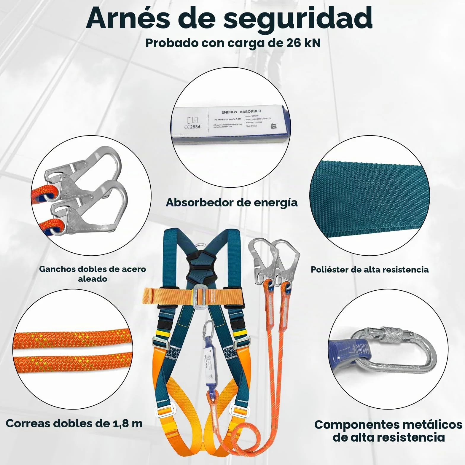 Arnés de seguridad EN 361/354/355, carga máxima 140 kg, doble cuerda 1,8 m, protección caídas