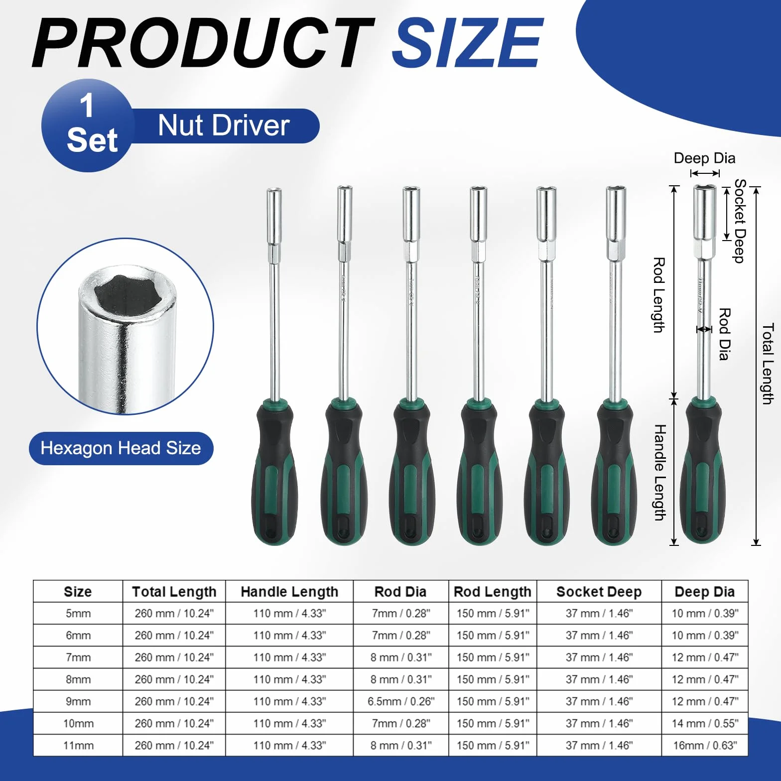 QUARKZMAN 7 Pcs Llave Para Tuercas Métricas 5mm/6mm/7mm/8mm/9mm/10mm/11mm CR-V Punta No Magnética Ejes Huecos Destornillador De Vaso Con Mango Para Reparación Llave De Bits Verde/Negro
