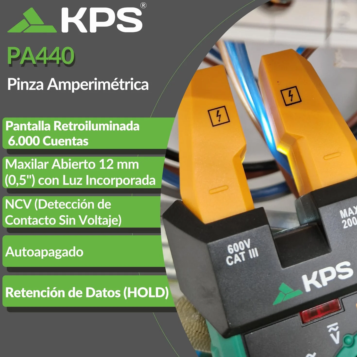 KPS-PA440 Pinza Amperimétrica Profesional con Maxilar Abierto - Multímetro Digital con Medición de Corriente AC 200A, Corriente DC 1000µA, Voltaje AC/DC 600V, Temperatura, Frecuencia, Capacidad y NCV