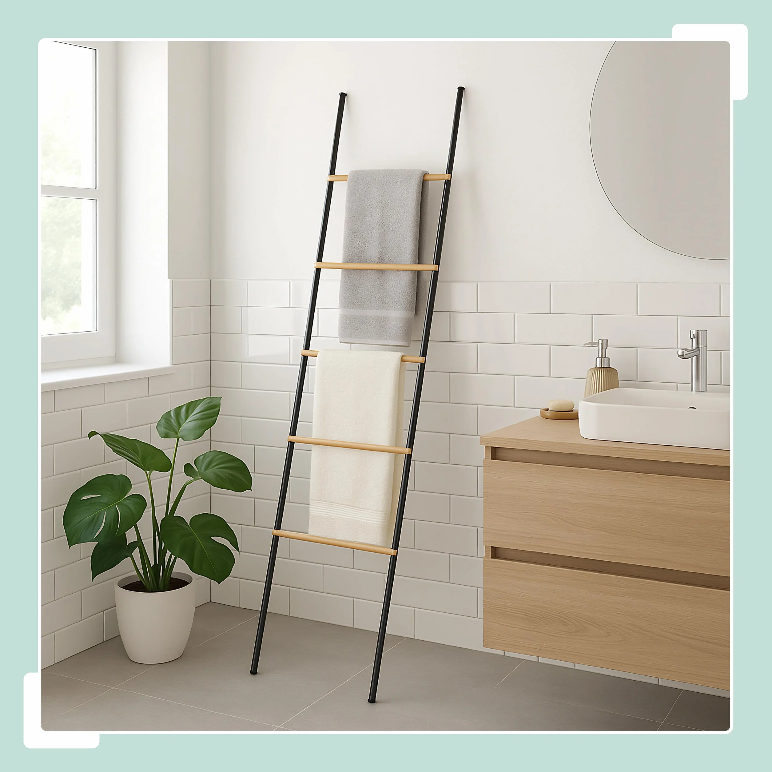 Escalera para Toallas Relaxdays, bambú y Hierro, HBT: 164 x 45 x 2 cm, 5 peldaños, Negro/Natural