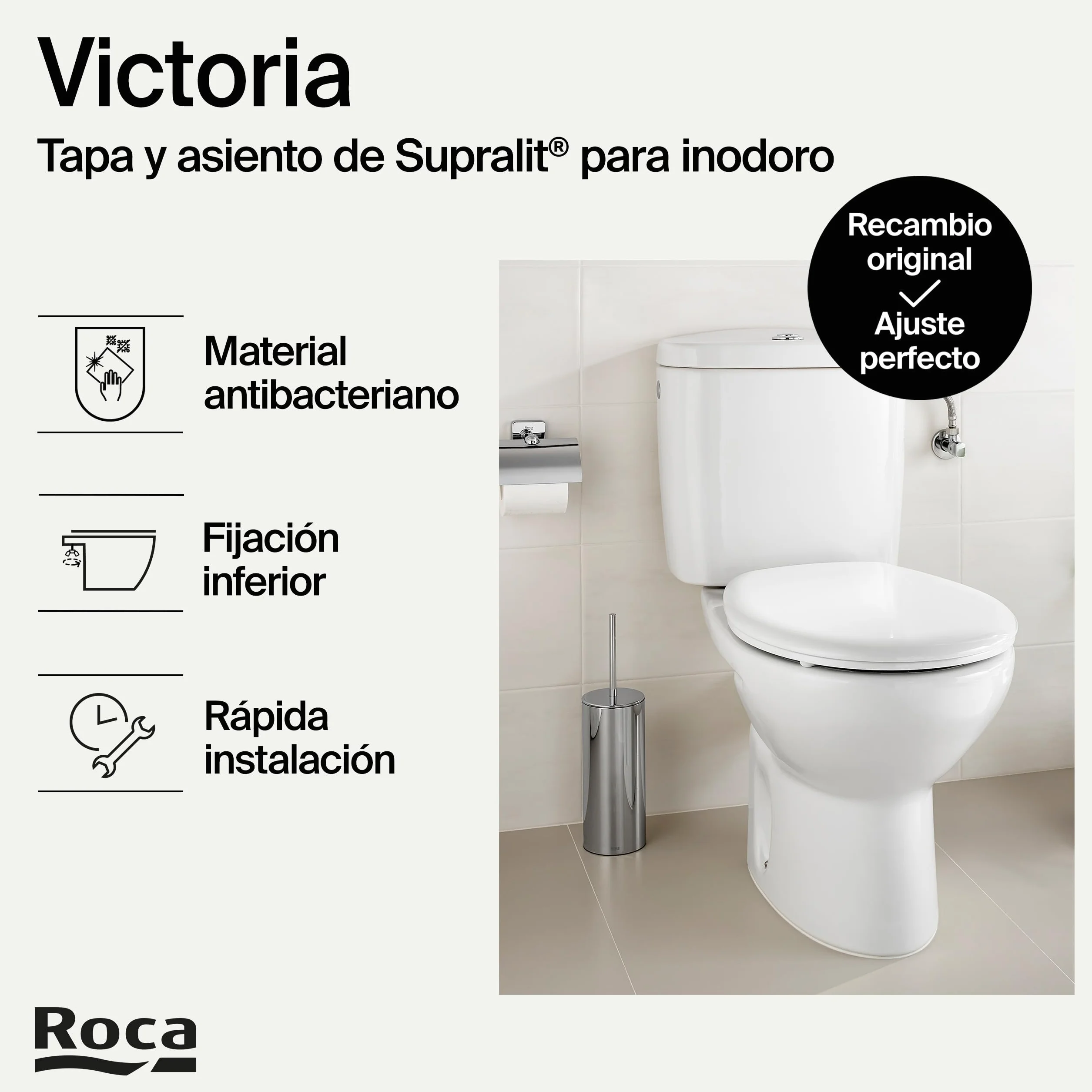 Roca Victoria Tapa y asiento de Supralit para inodoro con bisagras de acero inoxidable, original WC, pergamon, A801B6017B