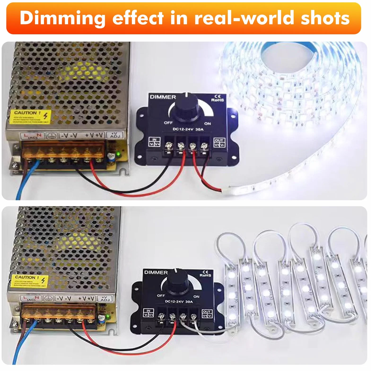 Controlador dimmer led DC12V-24V 30A PWM Dimming interruptor regulador de intensidad led con mando giratorio de ajuste de brillo Apto para tiras de luces LED