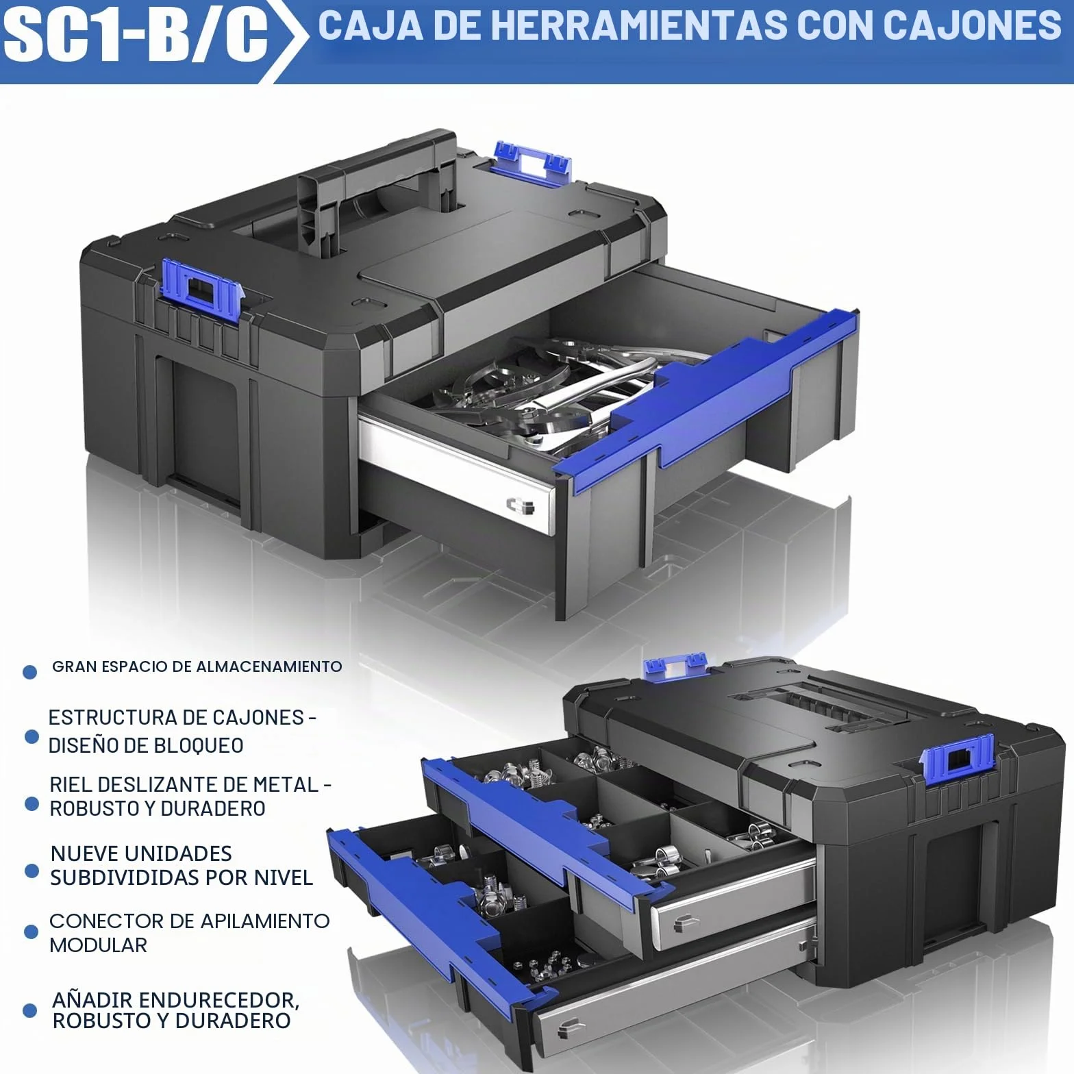 Caja de herramientas de 5 capas vacía con ruedas, modular, caja de herramientas apilable, caja de herramientas portátil vacía con cajón, resistente y duradera, para garajes, reparaciones domésticas
