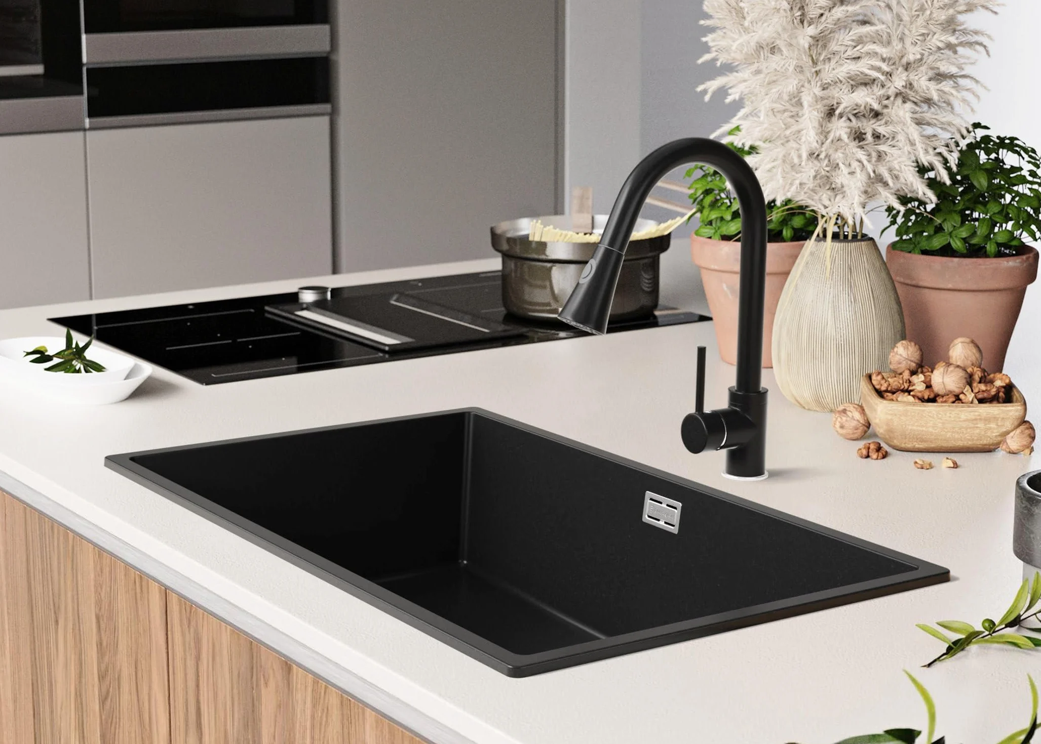 PRIMAGRAN Fregadero Granito Todo Negro 76x47cm, Cocina 1 Seno + Grifo 40x20cm + Sifón + Enrollable Escurridor, Sobre Encimera al Mueble 80cm - London Slim S531