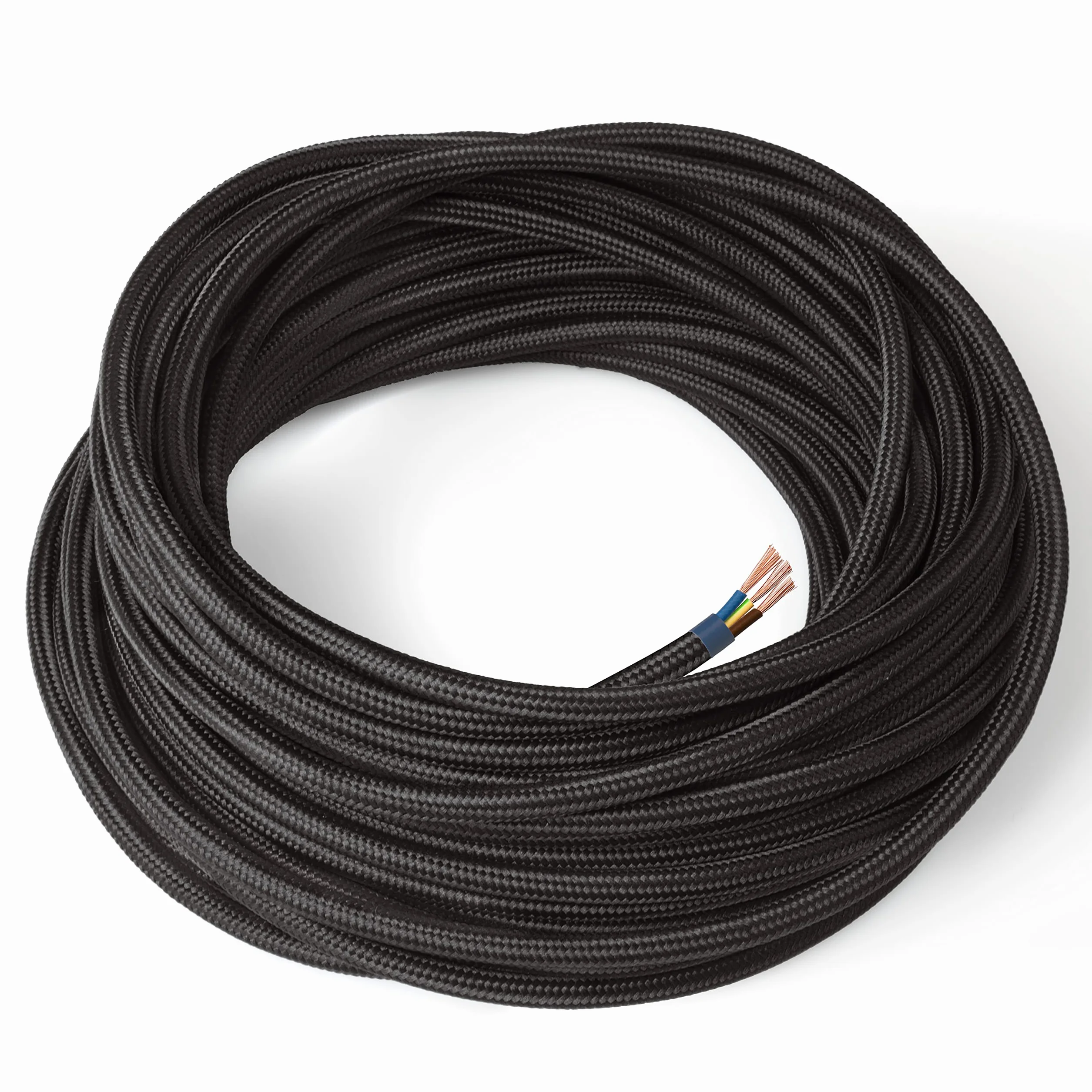 Amarcords - Cable de tela color NEGRO, redondo, seda, 10 metros, con tierra 3x0,75 - Hilo eléctrico textil de color estilo clásico para lámparas bricolaje y iluminación vintage.