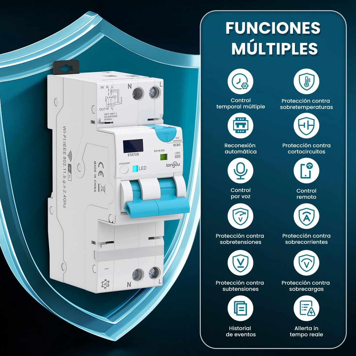 TONGOU Interruptor diferencial Superinmunizado WIFI/TUYA App， Auto Rearmable Disyuntor 1P+N，Rearme Automatico con Sobrecorriente y Fugas 1-40 A, 30-100 mA ajustable ，Clase AC 6Ka Carril Din RCBO