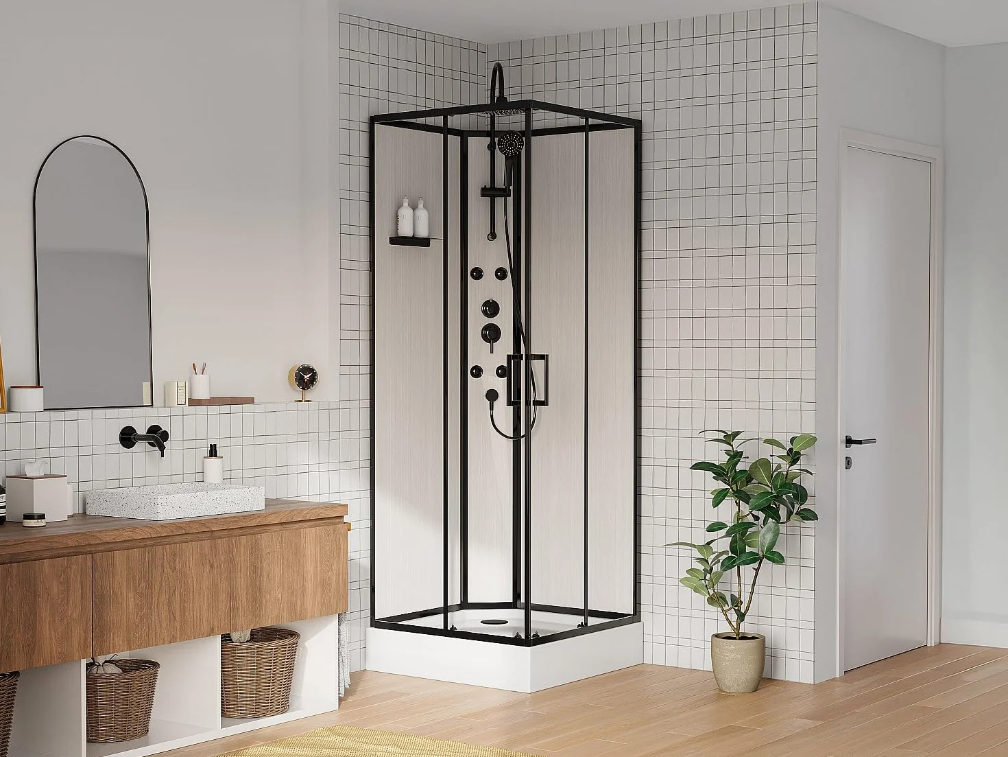 Vente-unique-Cabina de ducha de hidromasaje de fibra de bamb˙ - Negro mate - L80 x W80 x H225 cm - ARDALI