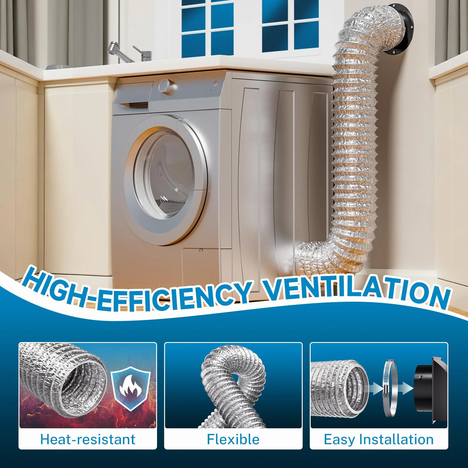 Hon&Guan Ø 125mm X 5m Manguera Flexible de Ventilación de Aluminio Tubo Salida Aire, Tubo Flexible de Salida de Aire con 2 Abrazaderas Acero para Aire Acondicionado, Campana Extractora, Plata