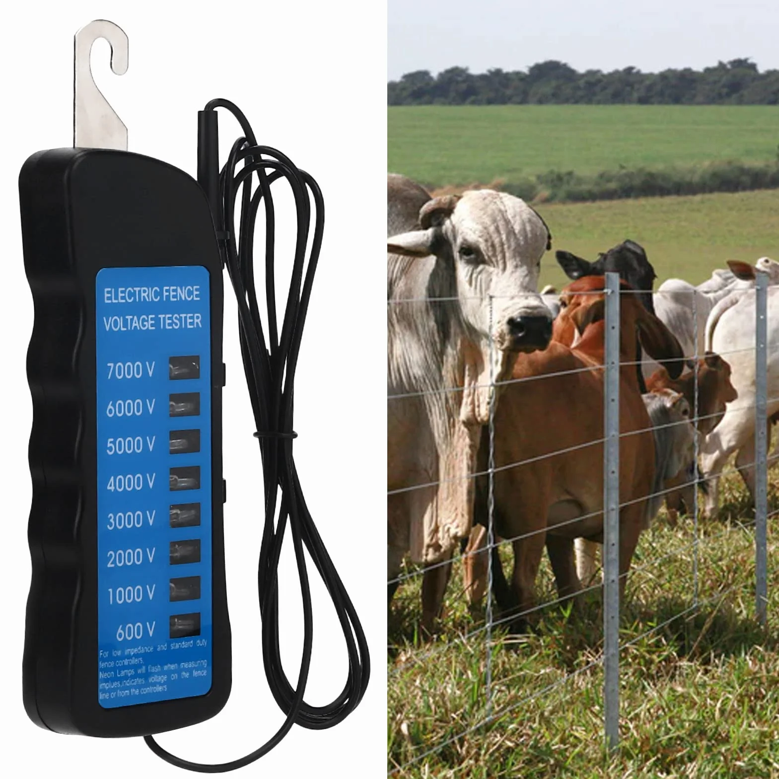 Probador de Voltaje,Tester Pastor Electrico Sin Contacto 600-7000V Probador de Cercas EléCtricas con Sonda Clip Bolsillo DeteccióN de Luz MúLtiple para Granja Jardines, Recintos Aves Corral