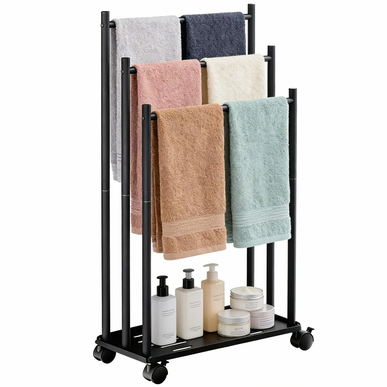 Toallero de Pie de 3 Niveles, Toallero Escalera con Estante y Ruedas, Ahorra Espacio, Material Metálico, Toallero de Piscina para Exteriores, para Baños, Salón, Negro