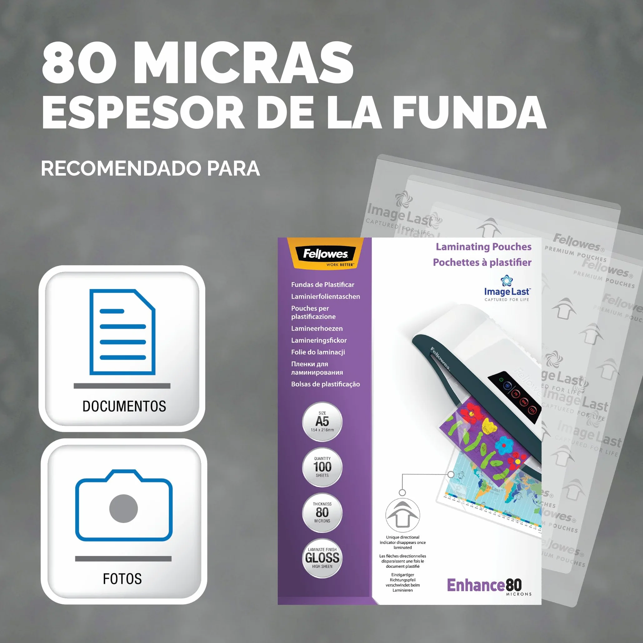 Fellowes Bolsa de plastificar brillo A5 80 micras pack 100 unidades
