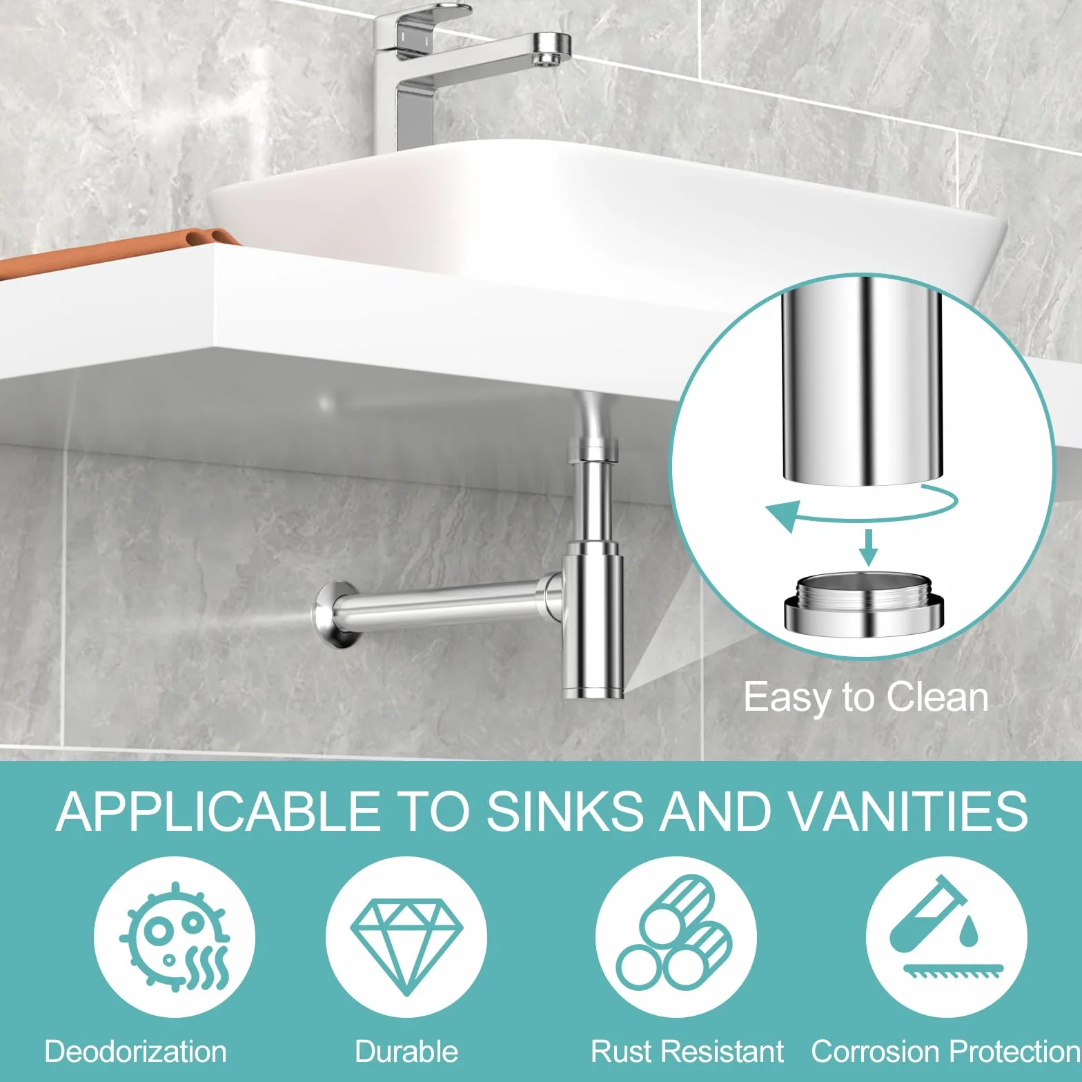Sifón Universal para Lavabo 1 1/4" Cromado con Apertura de Limpieza Altura Ajustable