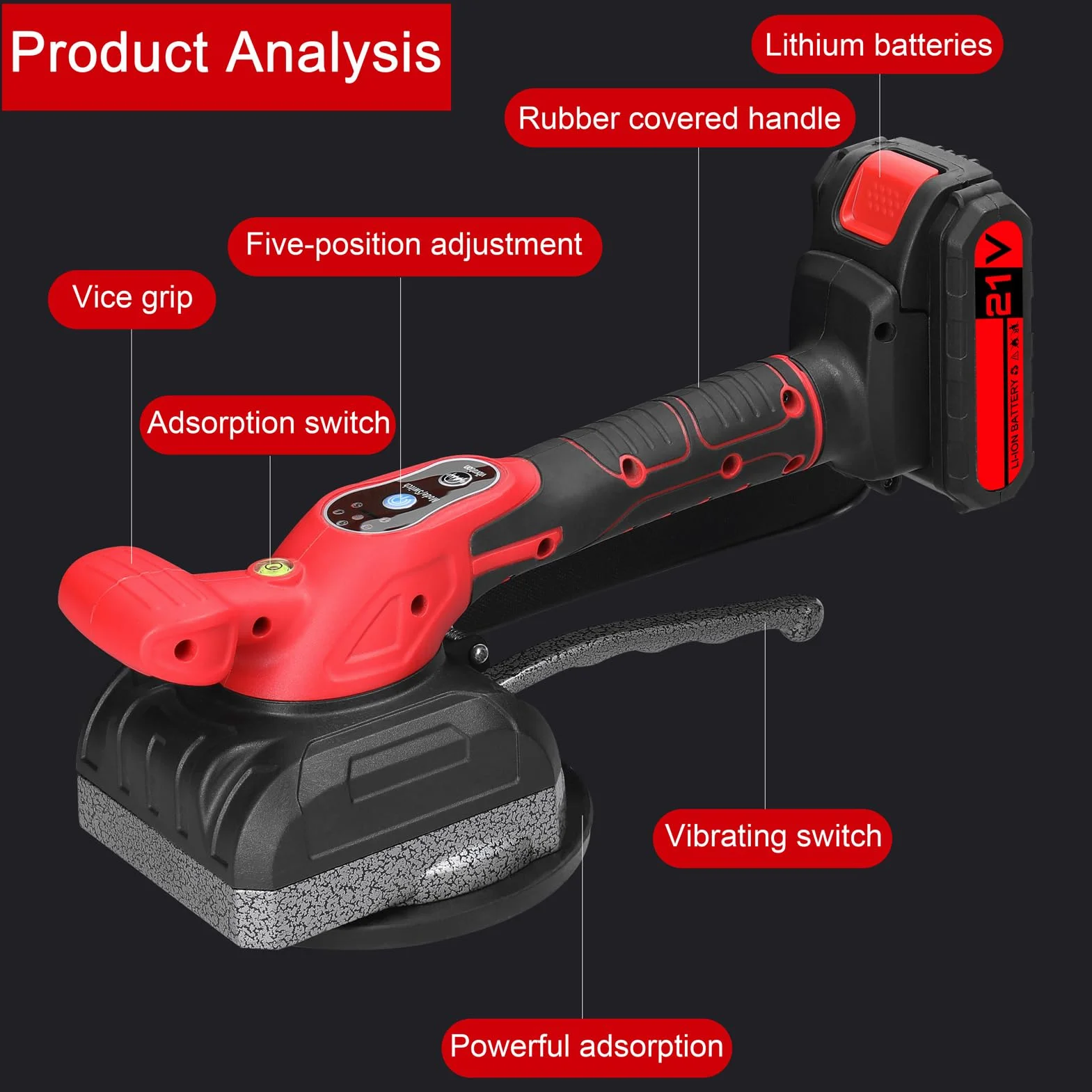 Maquina Vibratoria para Azulejos, VISLONE Máquina de Colocación de Azulejos de 21 V, Vibrador de Azulejos con 1 Batería de Litio de 1300 mAh y Ventosa Agrandada