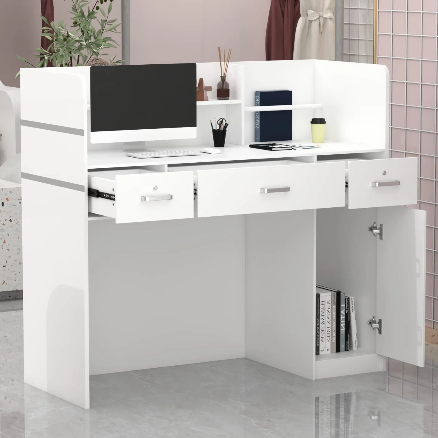Mostrador de Recepción Basic con 3 Cajones Blanco MDF 110x120x50 CM