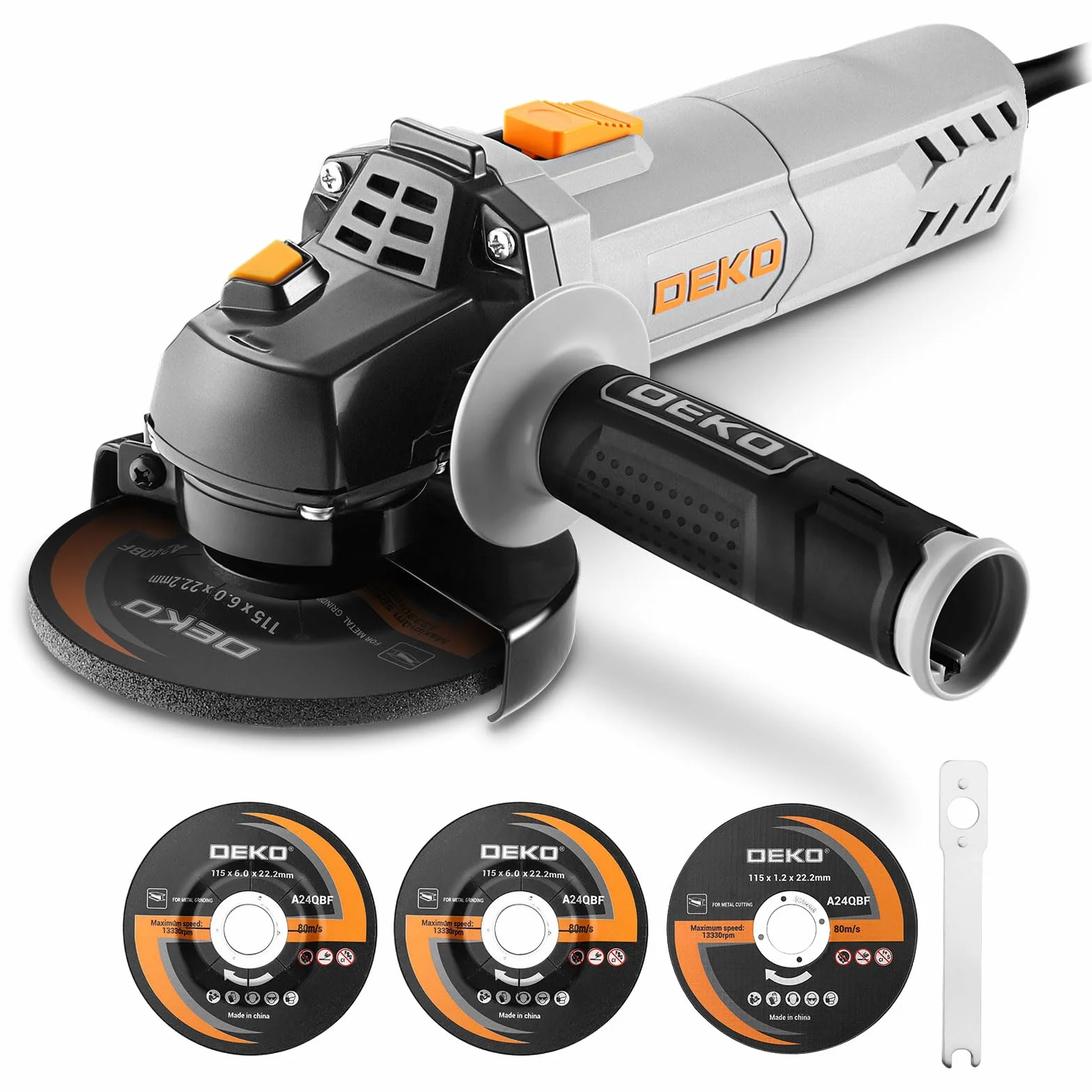 Amoladora Angular, DEKOPRO 115mm 750W Amoladora Angular Eléctrica con cable,12.000 RPM, para cortar, amolar, pulir y lijar, con 2 Discos de Amolar y 1 Disco de Cortar