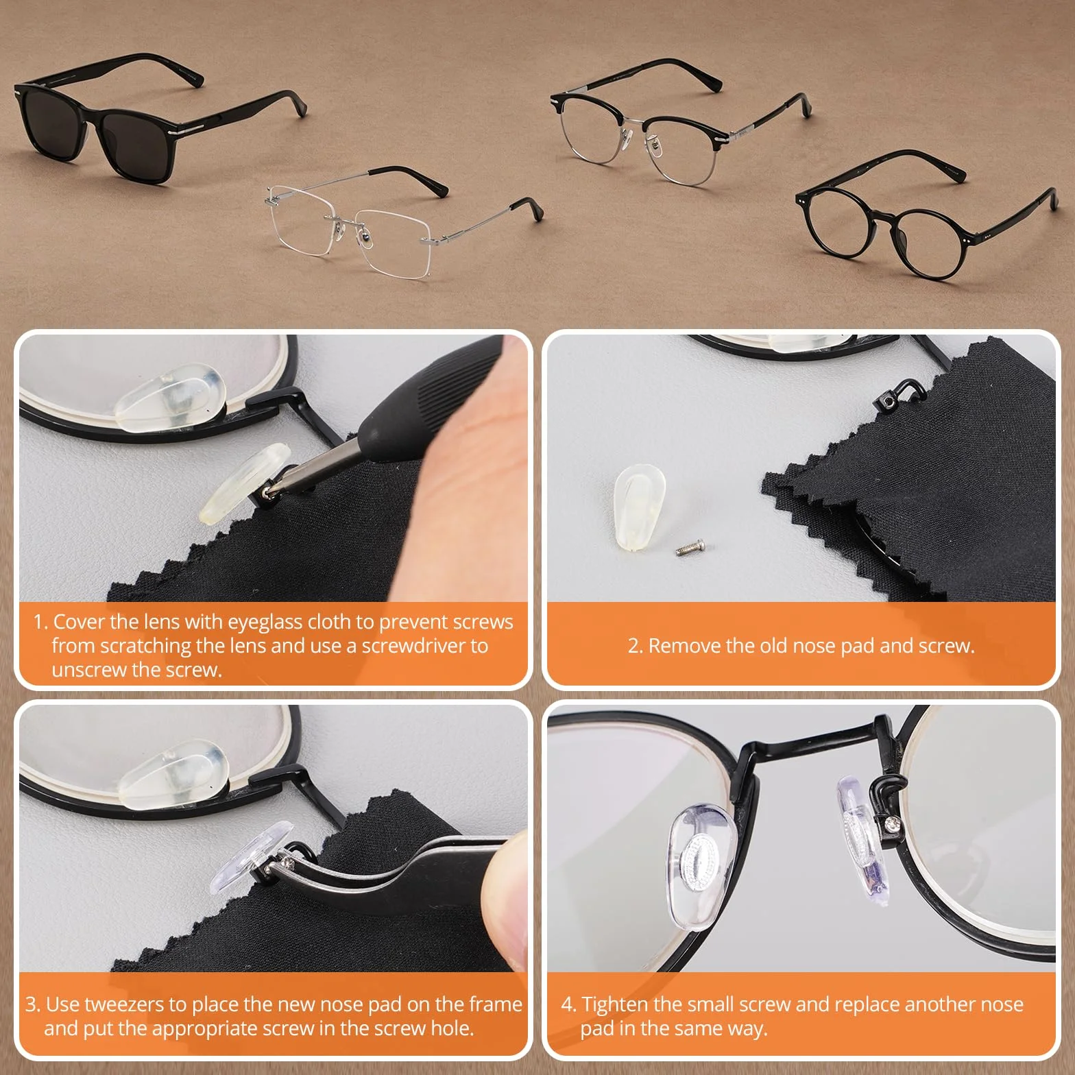 JOREST Kit de reparación de gafas, juego de herramientas para gafas con tornillos, almohadillas nasales, pinzas y destornilladores