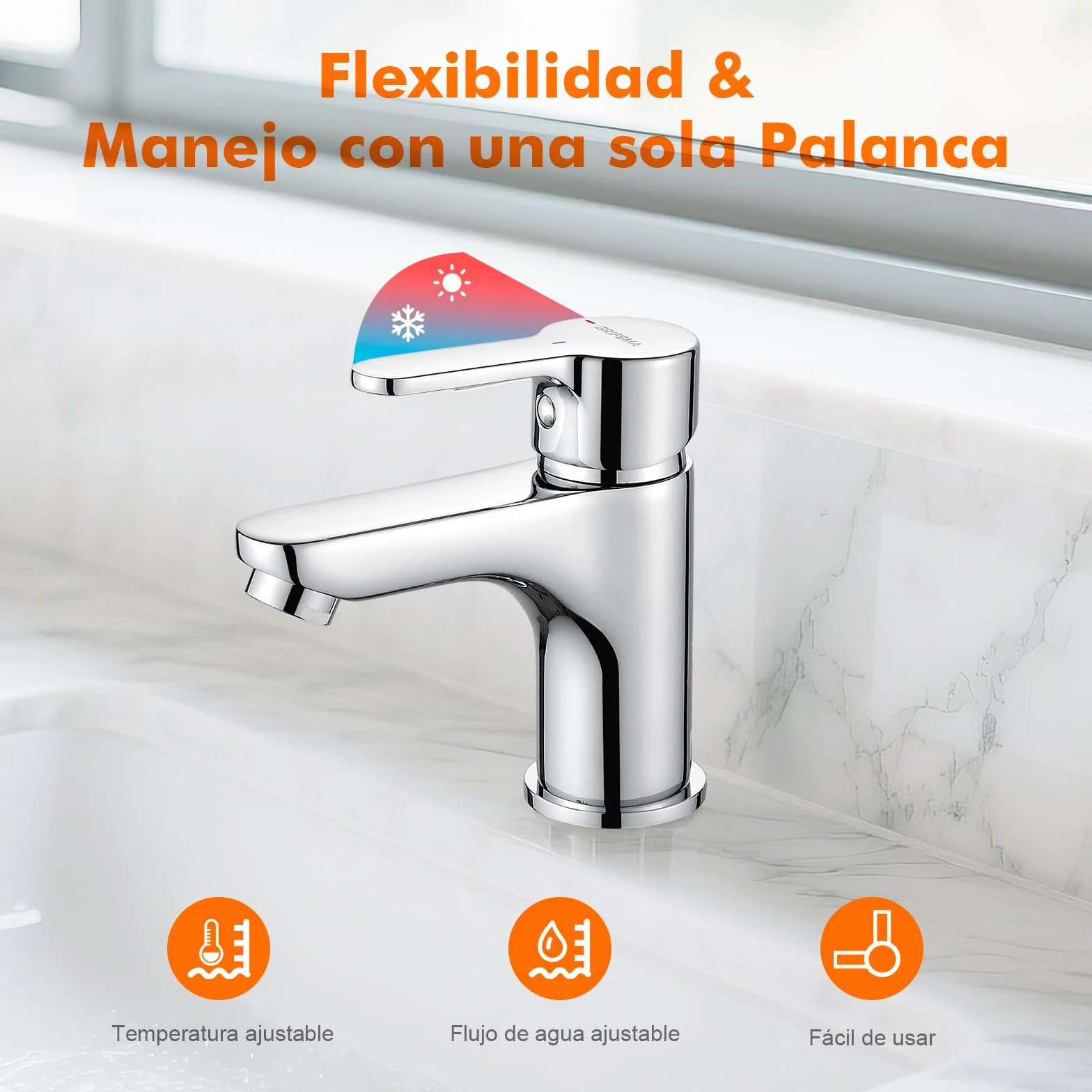 GRIFEMA Grifo Lavabo Monomando para Baño, Latón Cromado Resistente, Agua Fría y Caliente, Cartucho Cerámico Silencioso, Instalación Fácil, Altura de Salida 74 mm, G11003