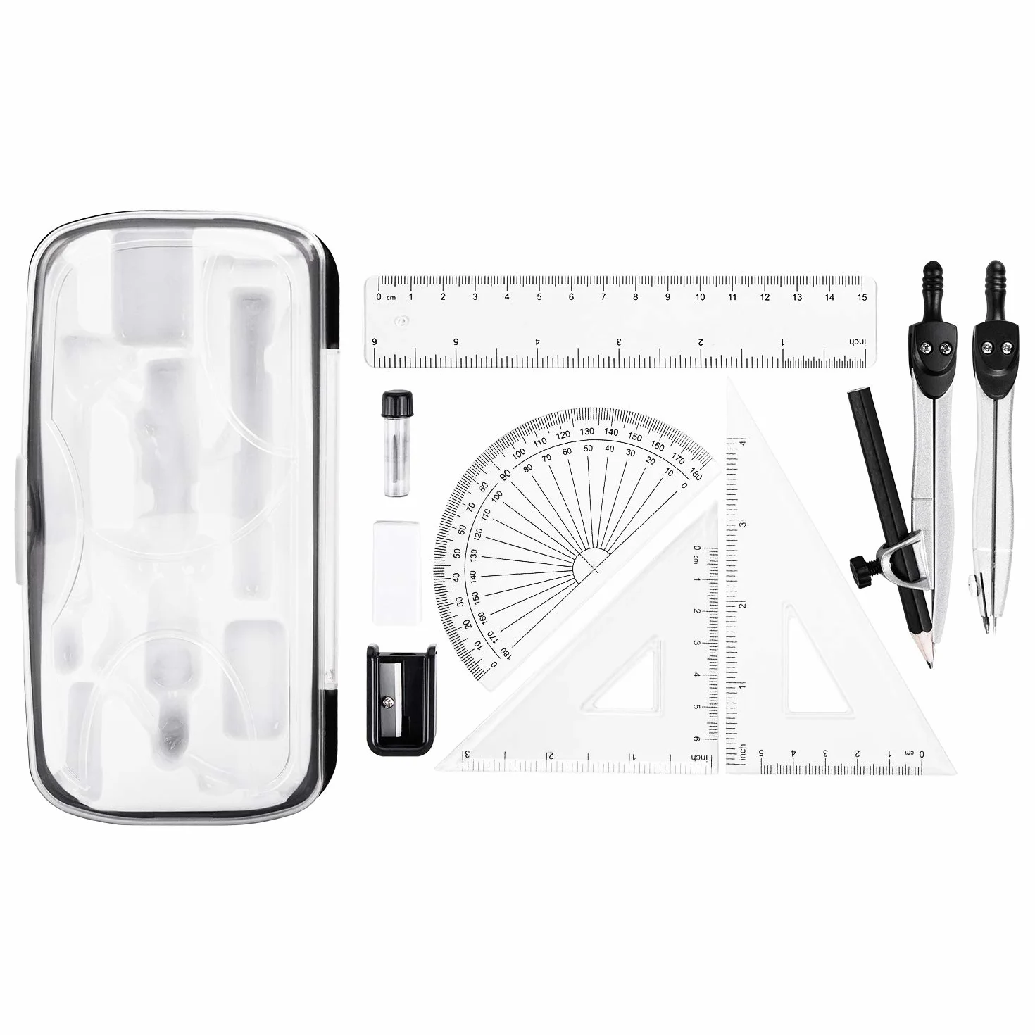Amazon Basics Kit de matemáticas de 10 piezas con compás, regla y estuche
