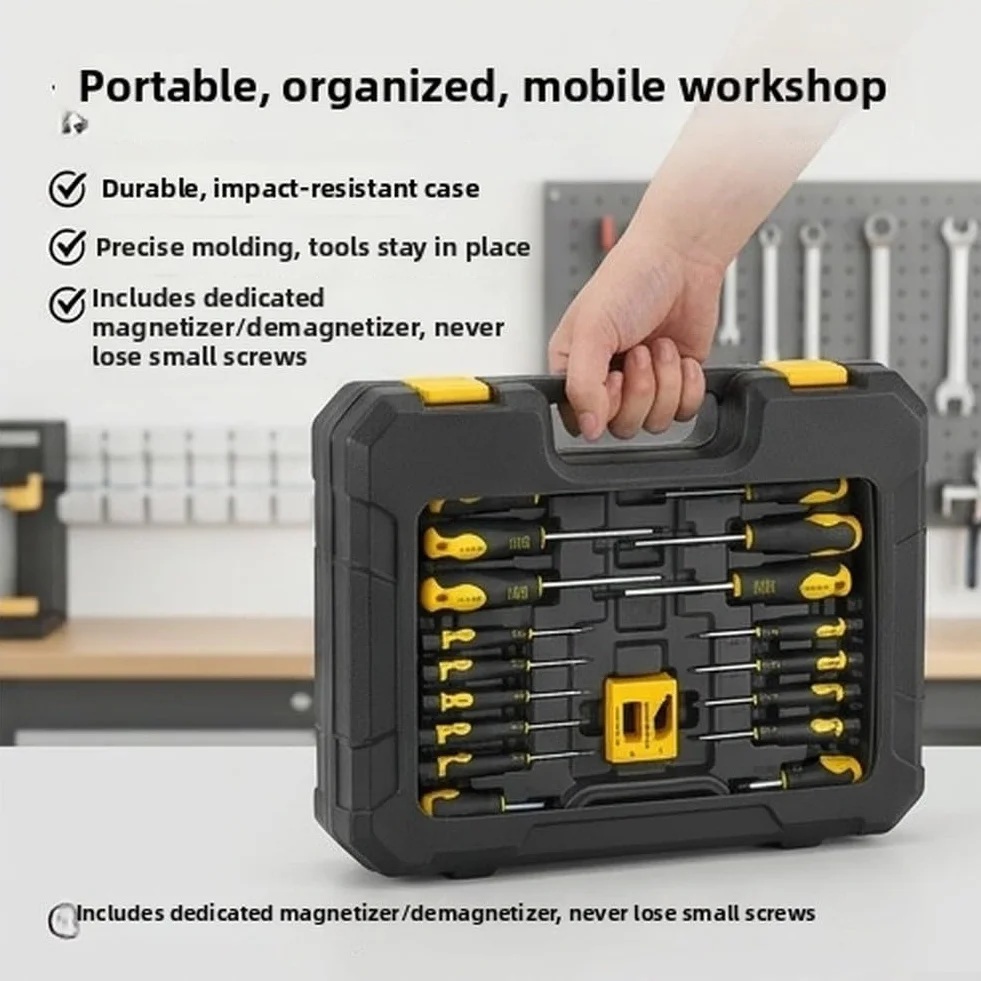 Juego de destornilladores magnéticos profesionales de 86 piezas con mango ergonómico antideslizante y puntas de aleación almacenadas en estuche amarillo portátil