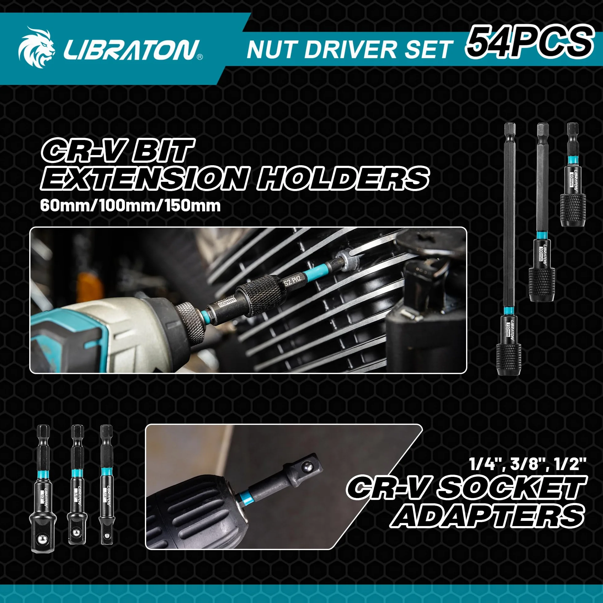 LIBRATON 54 Destornilladores de Tuerca Magnéticos, Brocas de Impacto de 1/4", Métrico y SAE para Taladro, Adaptadores de Vaso, Extensión de Liberación Rápida, Destornilladores de Tuerca de Ala, Caja
