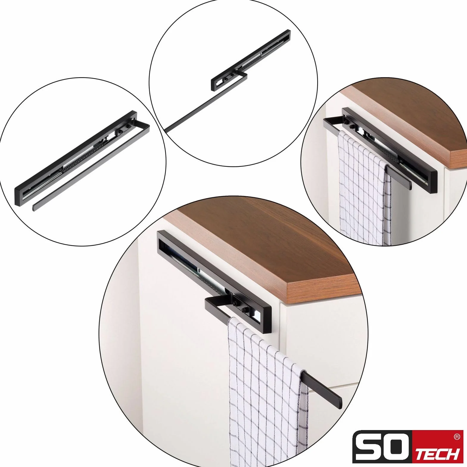 SOTECH Toallero extraíble Style de 1 Brazo Negro 415 mm de extensión 300 mm Toallero para Montaje Lateral y bajo Lavabo en baño y Cocina