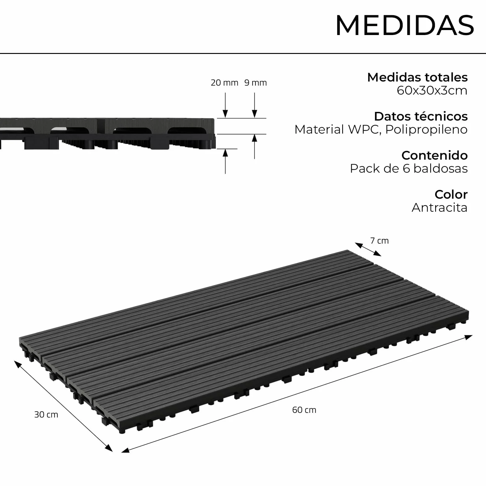 YOEVU - Baldosas de Exterior de Madera Composite WPC | Antideslizantes y Resistentes al Agua | Fácil Instalación | 1.08m² | Set de 6, Patio y Jardín, 30X60cm (Antracita)