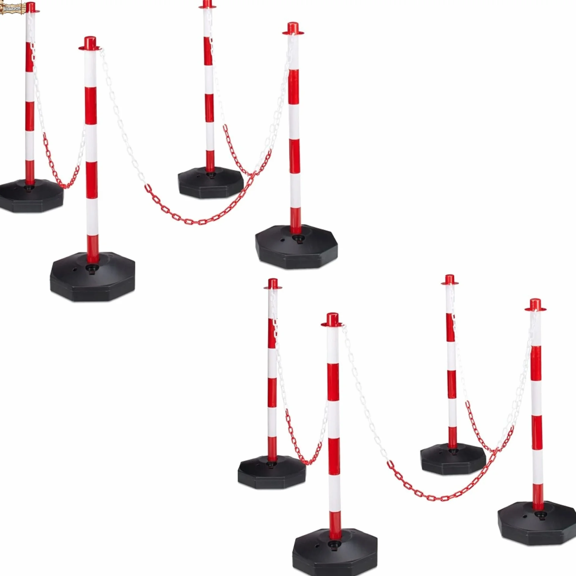 BricoLoco.com Poste señalización y balizamiento para cadena. FLUORESCENTE. Pack 8 uds. ¡¡¡ CADENA PLÁSTICO INCLUIDA !!!. Baliza poste separador de filas para eventos. Rojo y blanco de 87 cms. (8)