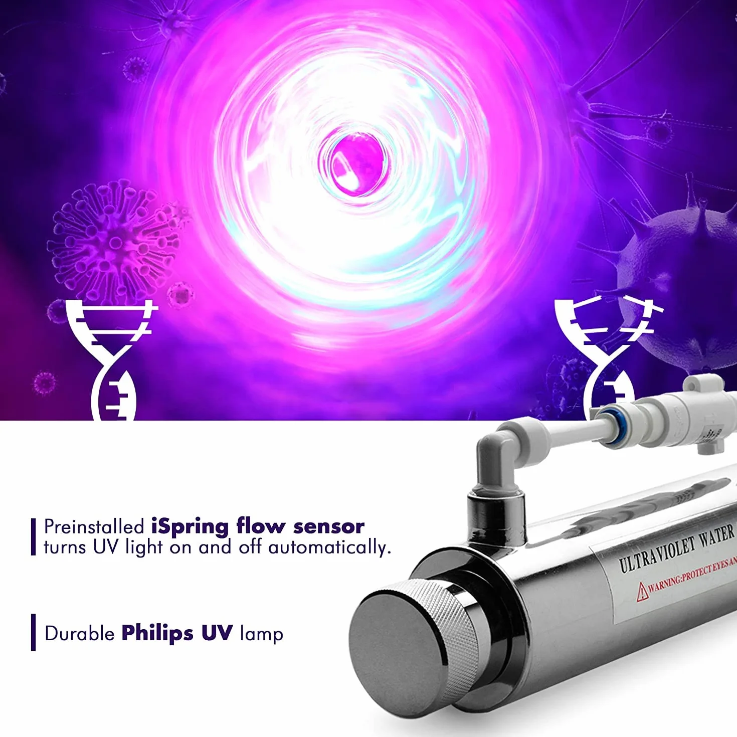 iSpring UVF11B Filtro de Agua con Luz Ultravioleta UV con Interruptor de Control de Flujo Inteligente 11 W, 220 V, 10 pulgadas
