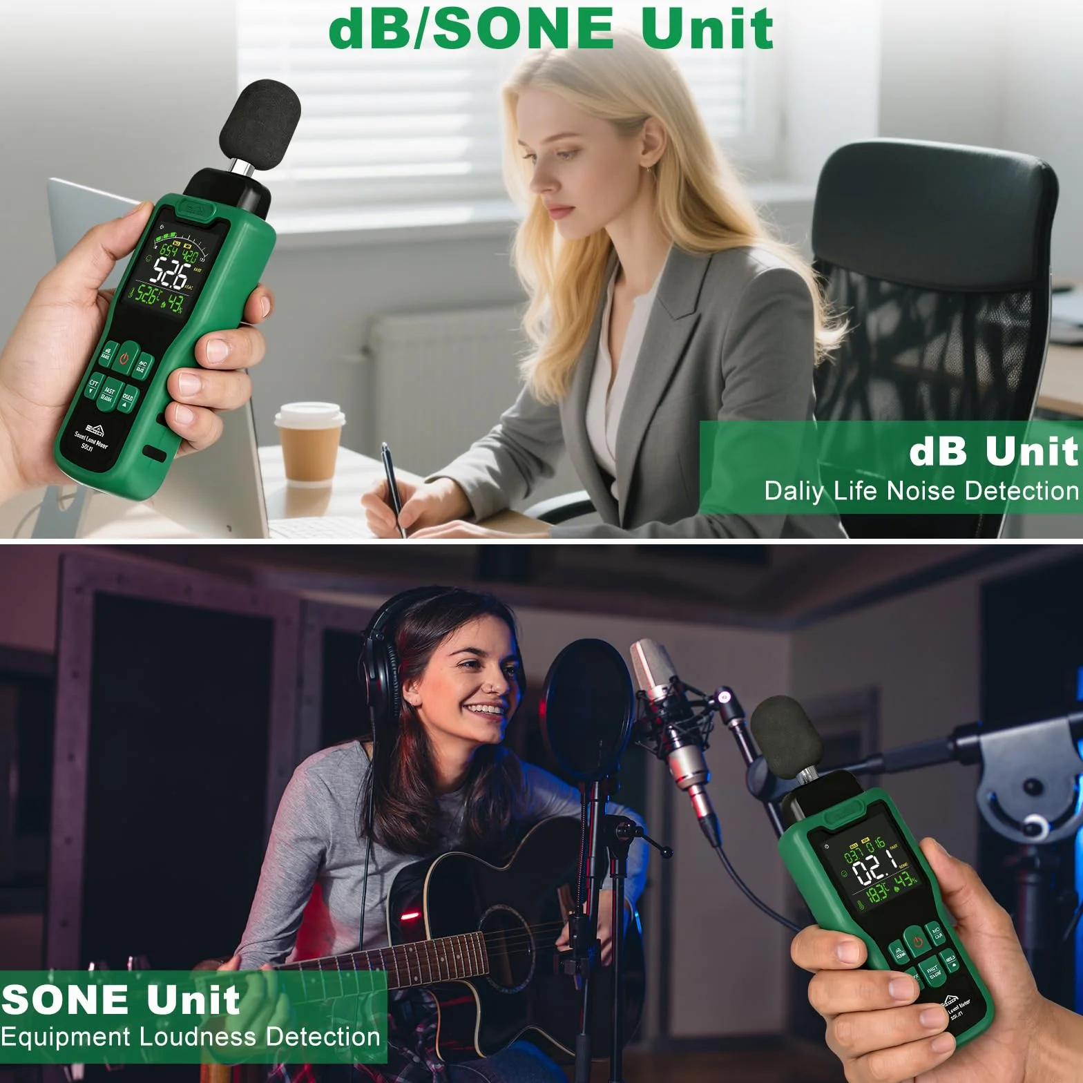 Sonometro Medidor de Decibelios SQECH 30-130dB, Ponderation A/C, dB/SONE, Pantalla Retroiluminada Color