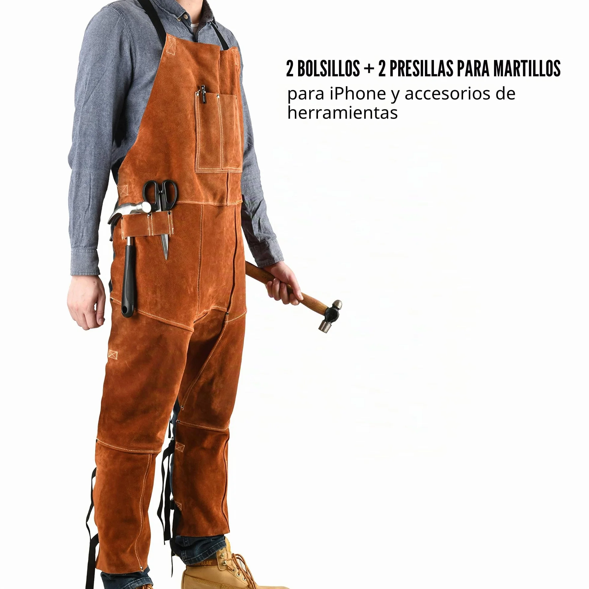 QeeLink Delantal de Soldador de Cuero, Mandil de Pierna Dividida para Soldador, Resistente a Chispas Llamas Calores, Cuero de la Vaca Reforzado, Marrón