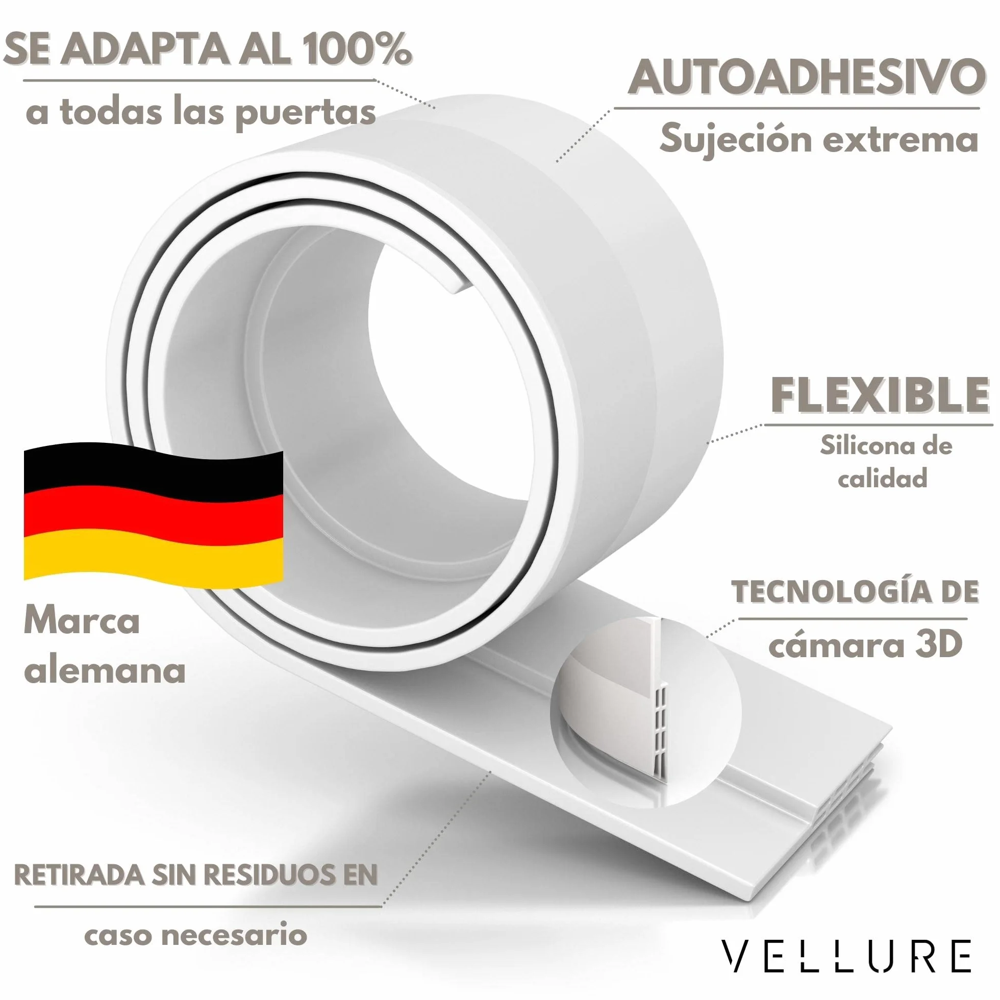 Vellure® Burlete puerta entrada contra corrientes de aire - NUEVO burlete puerta exterior autoadhesivo (rápido y sencillo) Insonorización, protección contra el frío y sellado (1x blanco)