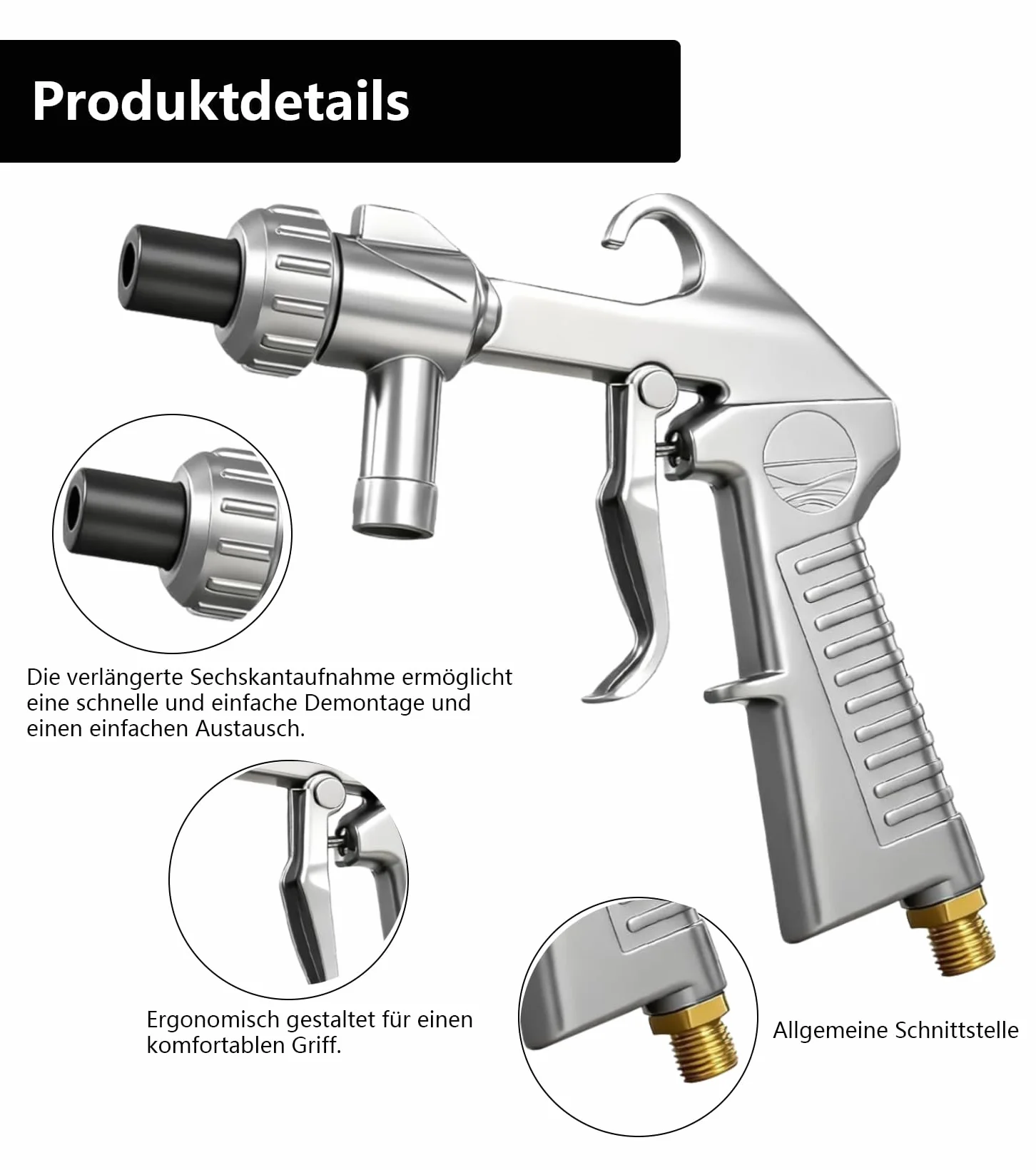 Juego de pistola chorro de arena con boquilla larga, calibre 5 mm/6 mm, transportador de succión, manguera de goma de 1 m, conexión de entrada de aire, desengrasante y agente de limpieza