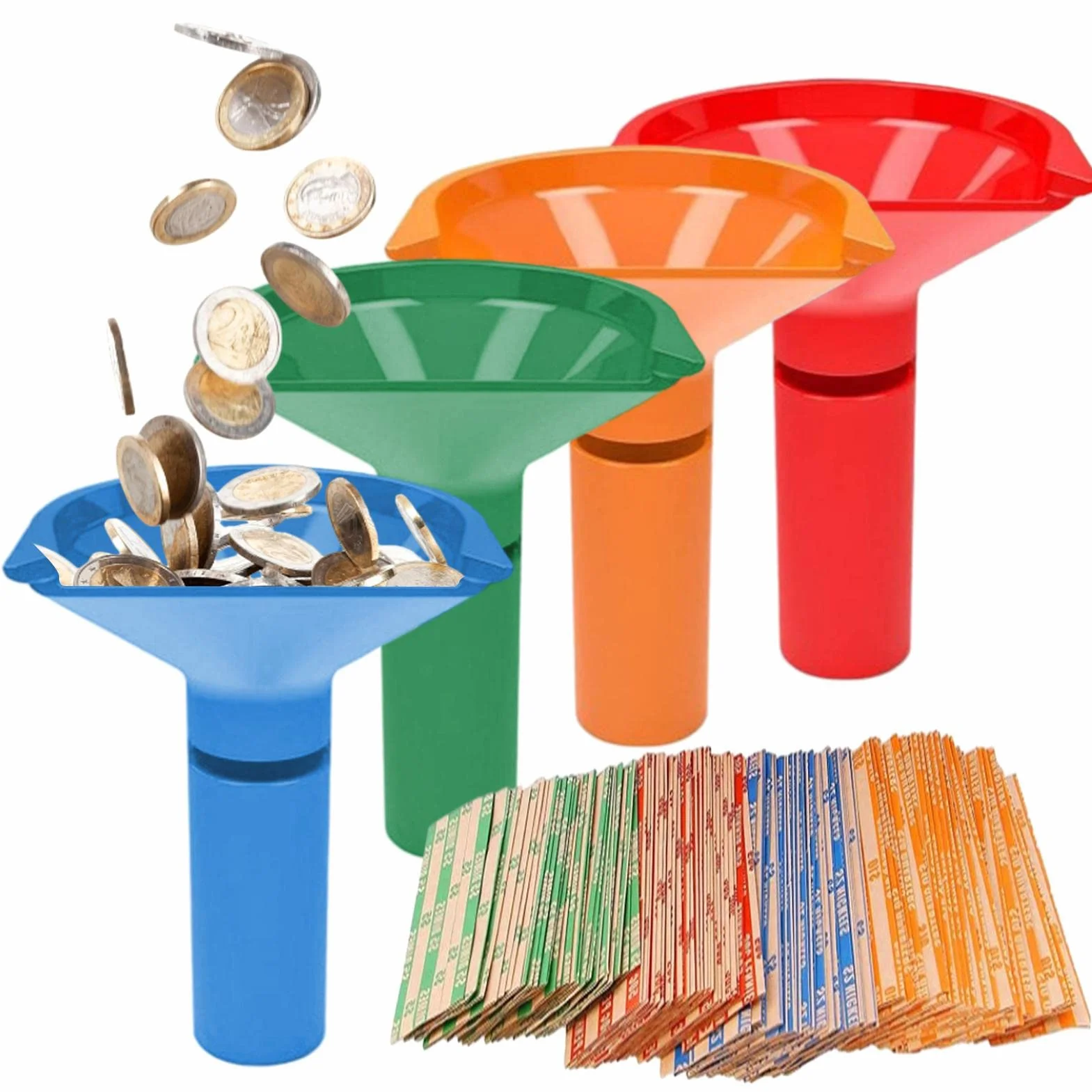 Easy Wrap Tubos para Monedas - Contador y Envoltorios para Rollos Monedas - 4 Tubos y Envolturas Surtidas para Níquel, Diez Centavos, Centavos, Cuarto
