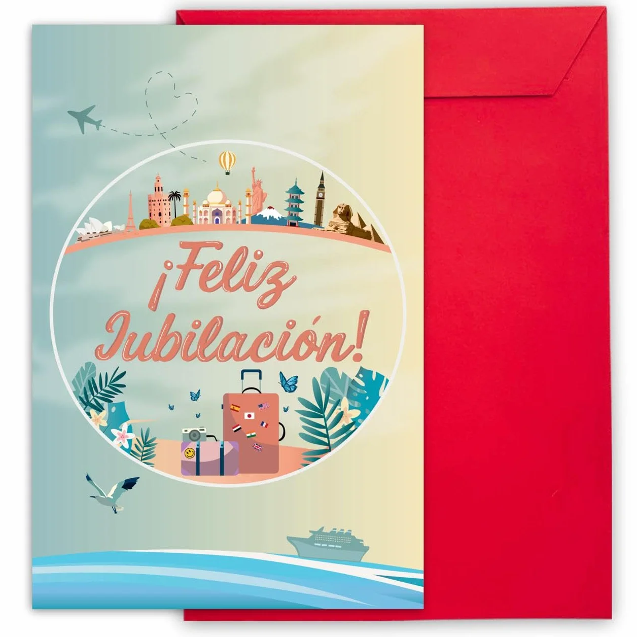 ART Tarjeta felicitacion jubilacion Grande A4 - 42×30 cm abierta A3 - Regalo profesora compañera compañero - Diseño Pastel Suave Sobre Rojo Reutilizable