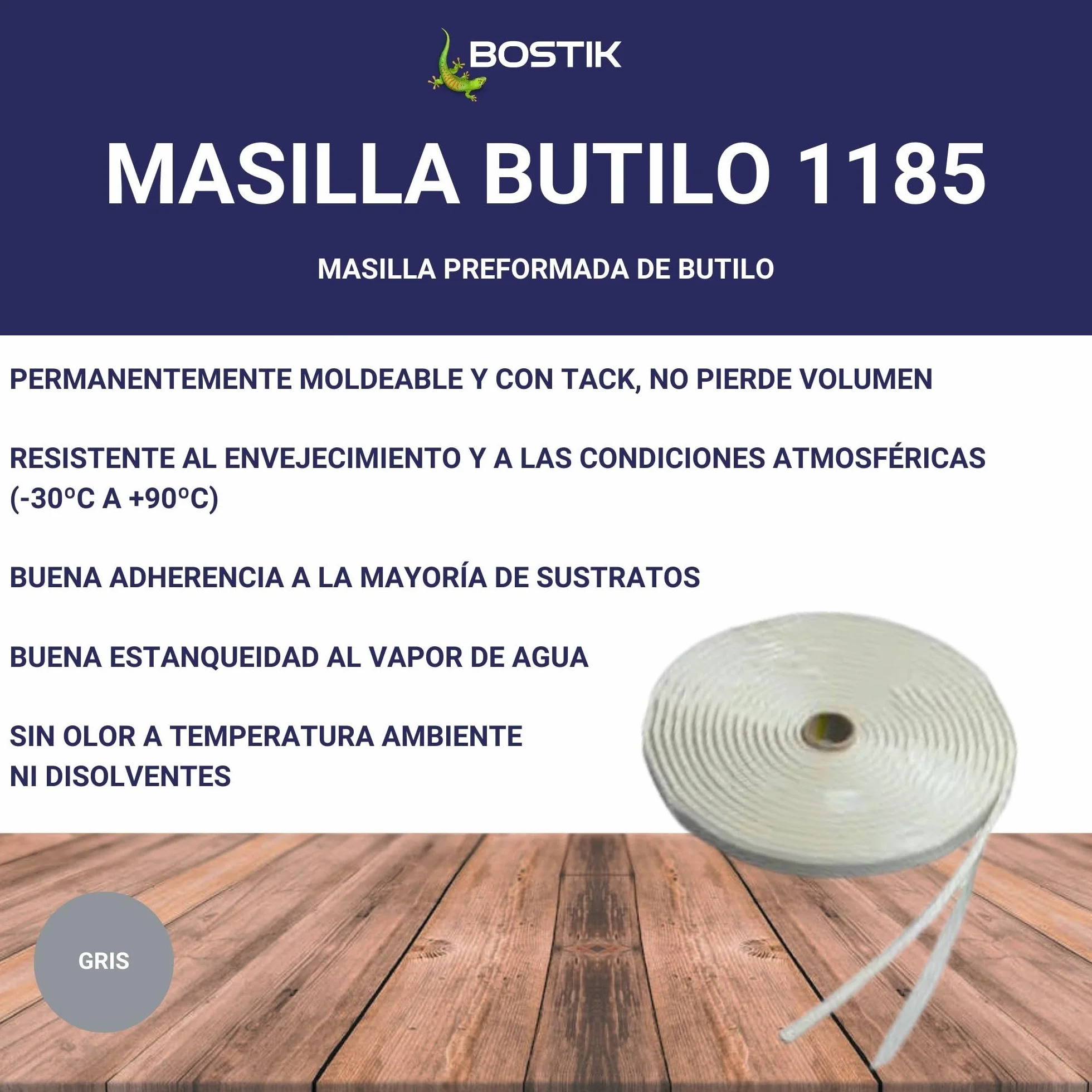 BOSTIK Masilla Butilo 1185 Gris - Masilla Preformada de Butilo, Permanentemente Moldeable, Resistente al Envejecimiento y a Condiciones Atmosféricas, Estable en el Agua, Carrete 25x2 mm (26 m)