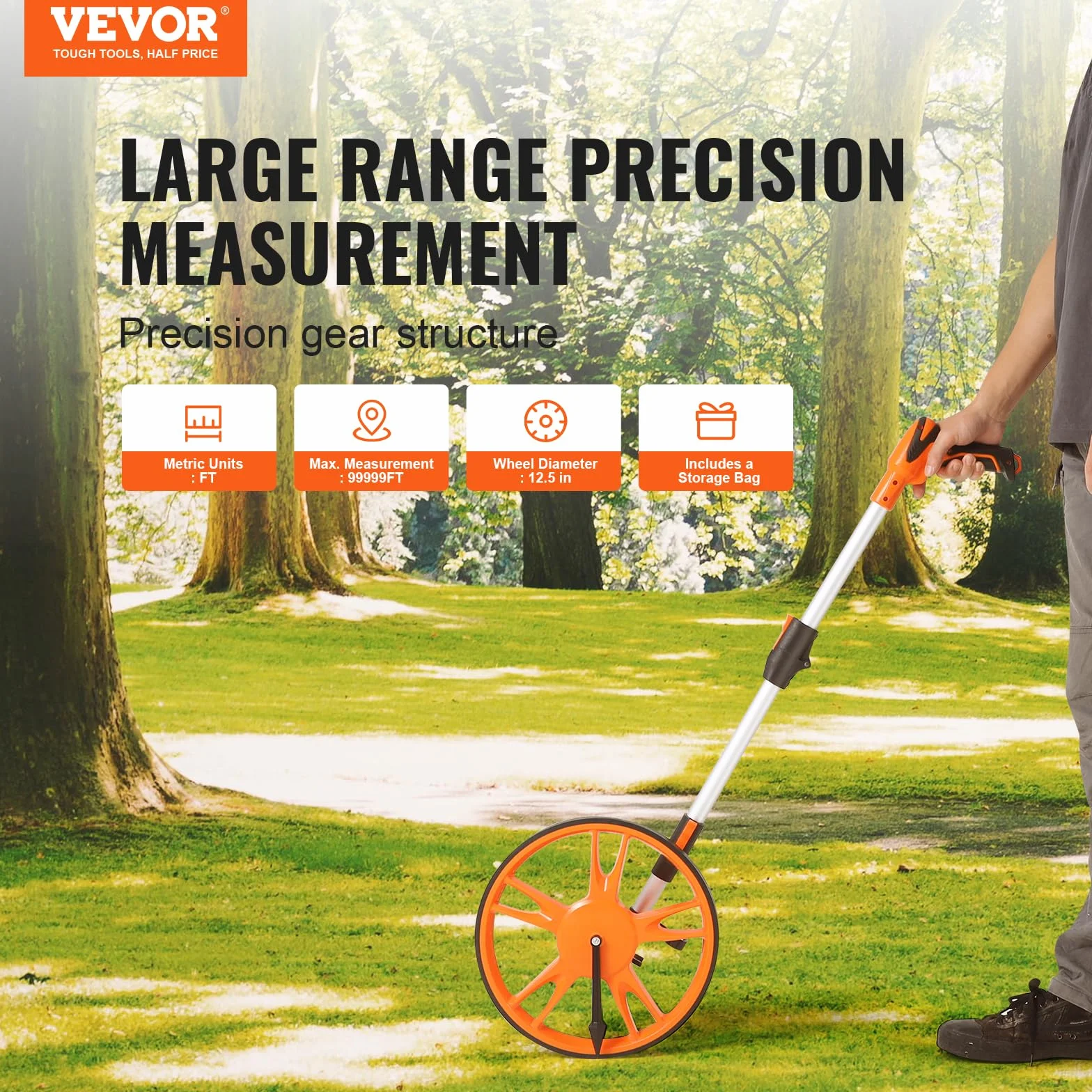 VEVOR Odómetro de Rueda para Medición de Distancia Diámetro de Rueda de 317,5mm Topómetro Medición de Distancia Mango Telescópico de 100-40cm Rango de Medición de 99999,9 pies con Mochila para Caminos